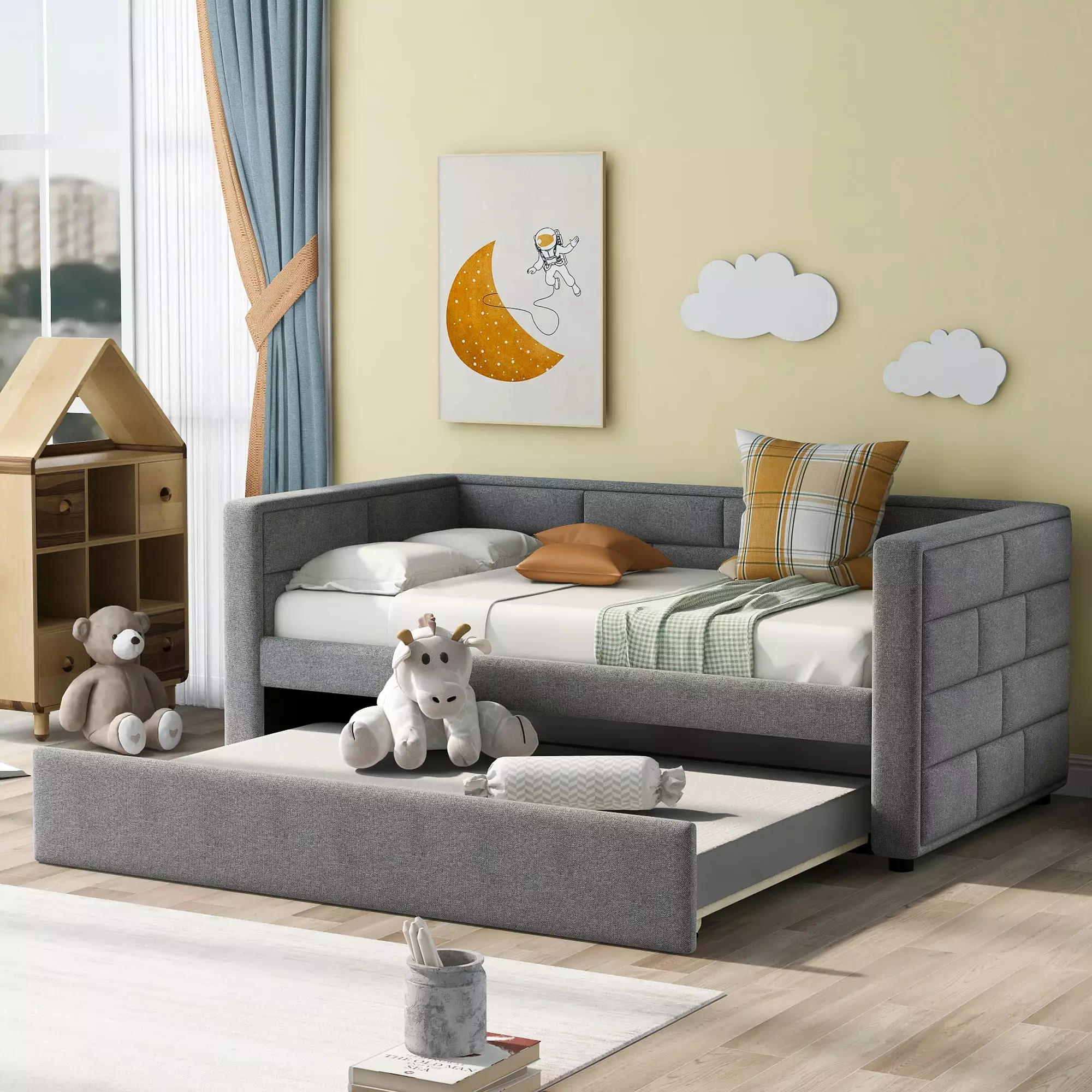 Euroco Twin Size Daybed Trundle Upholstered Padded Back Gray