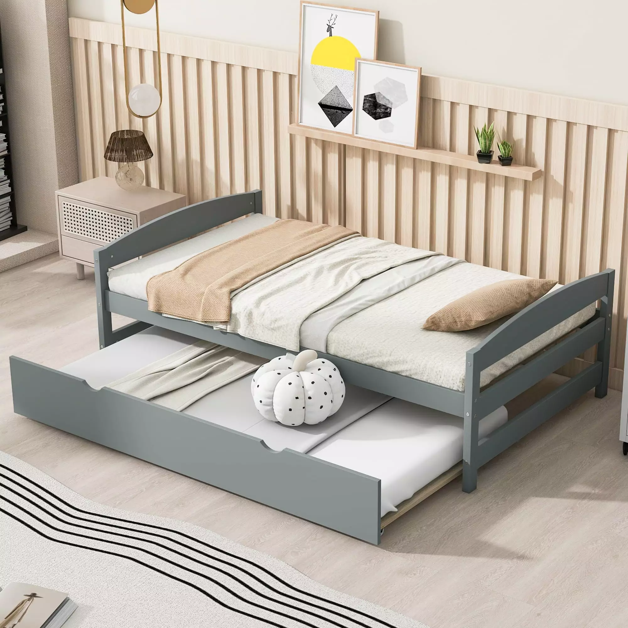 EUROCO Twin Size Platform Bed Frame Trundle - Low Profile DayBed Easy Assembly - Gray