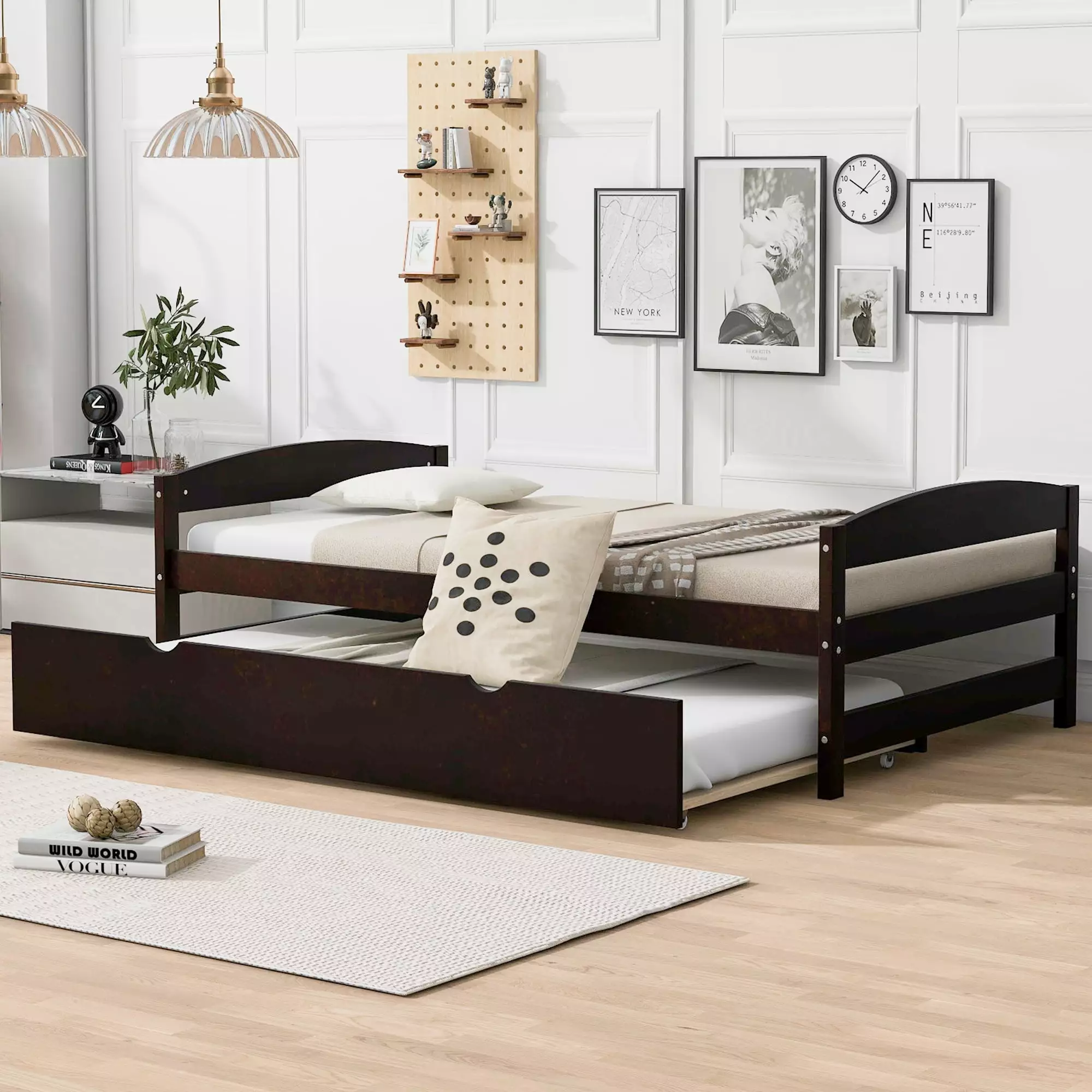 Euroco Twin Size Platform Bed Trundle Low Profile Wood Daybed Espresso