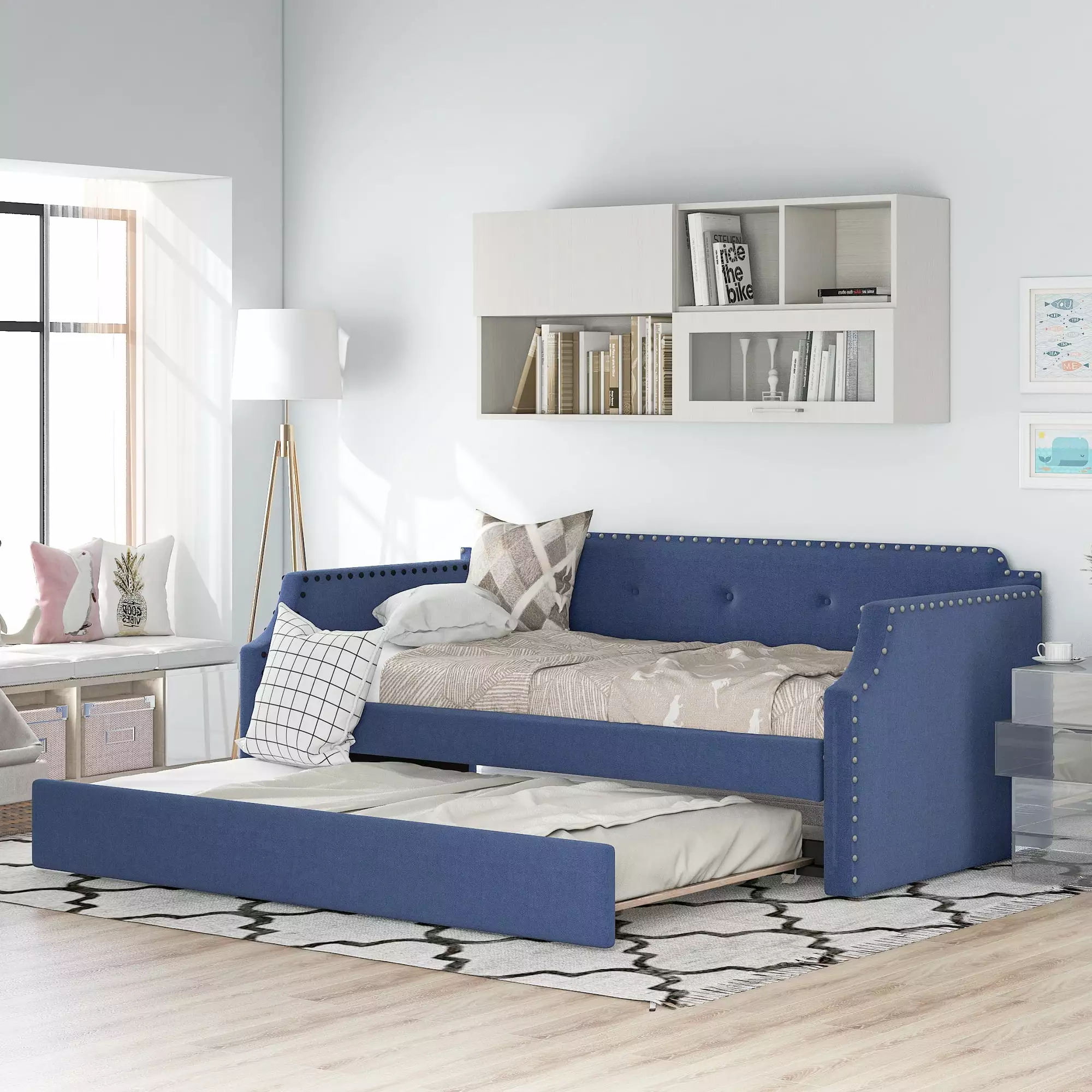 Euroco Twin Upholstered Daybed Linen Tufted Sofa Bed Trundle Solid Wood Frame Bedroom Blue
