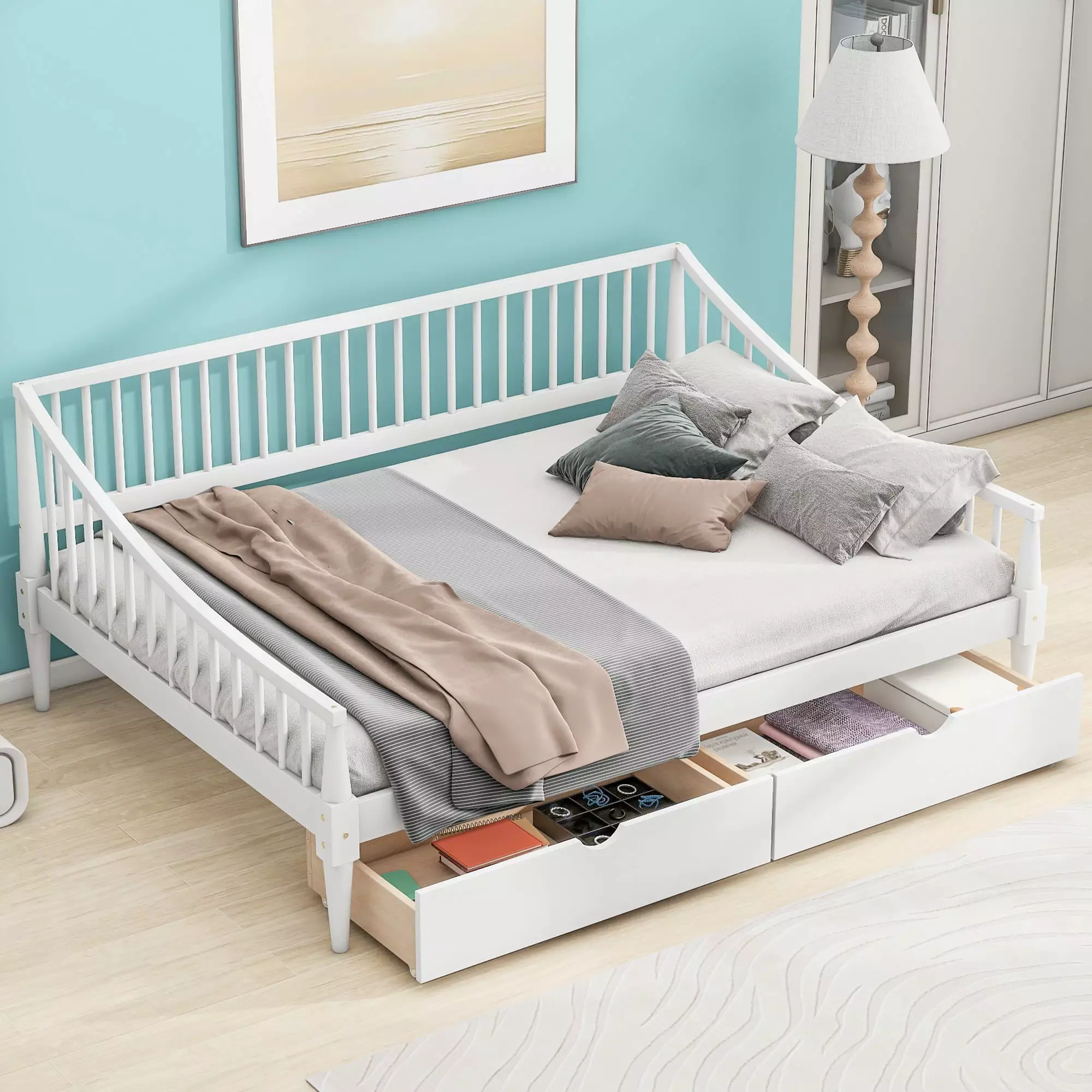 EUROCO Wood Full Size Daybed Twin Trundle Bed Kids Teens Adults White