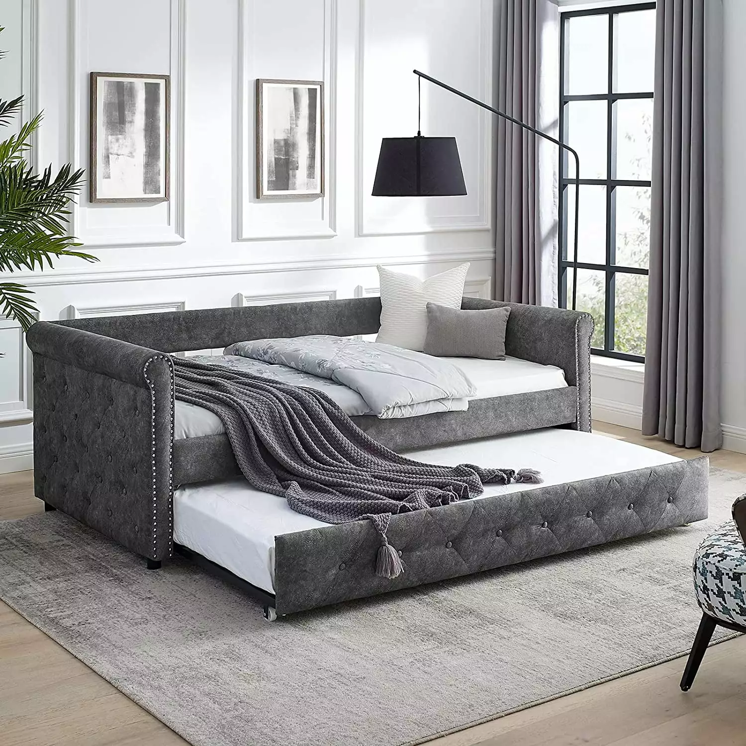 Muumblus Modern Daybed Trundle Twin Size Grey Linen Upholstered Pull Out Sofa Bed Bedroom Living Room