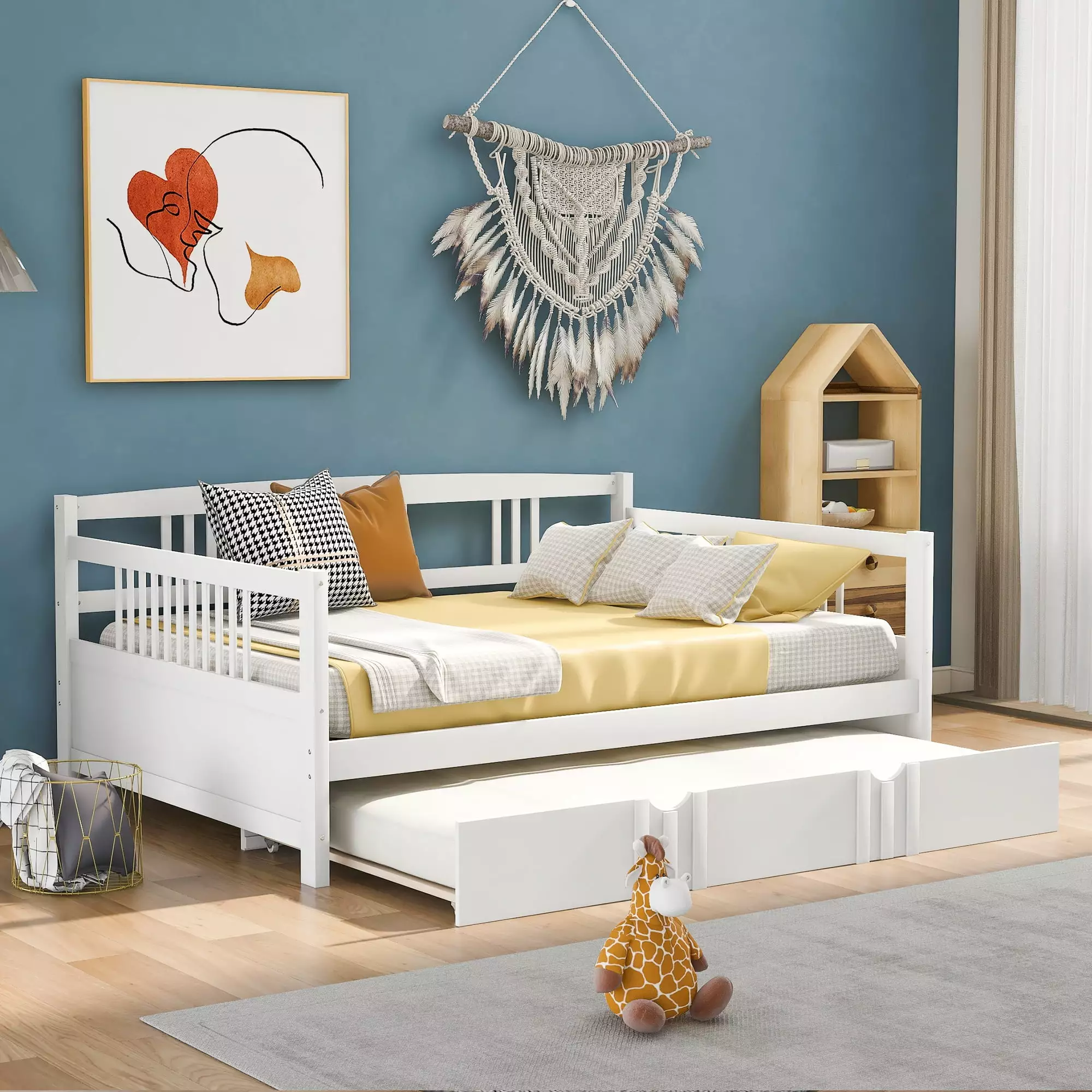 PAPROOS White Full Size Daybed Trundle Solid Wood Sofa Bed No Box Spring Needed