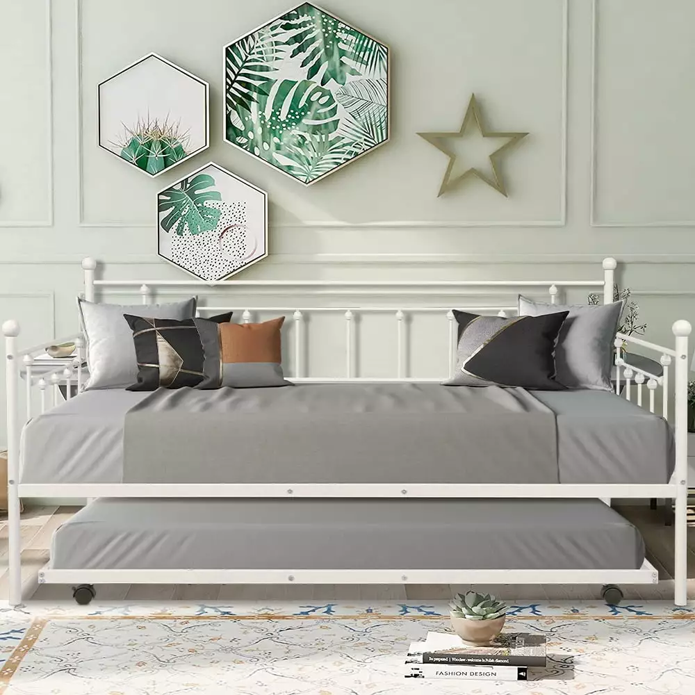 White Gray Metal Trundle Daybed Twin Trundle Bed Frame Kids Adults and Teens Segmart