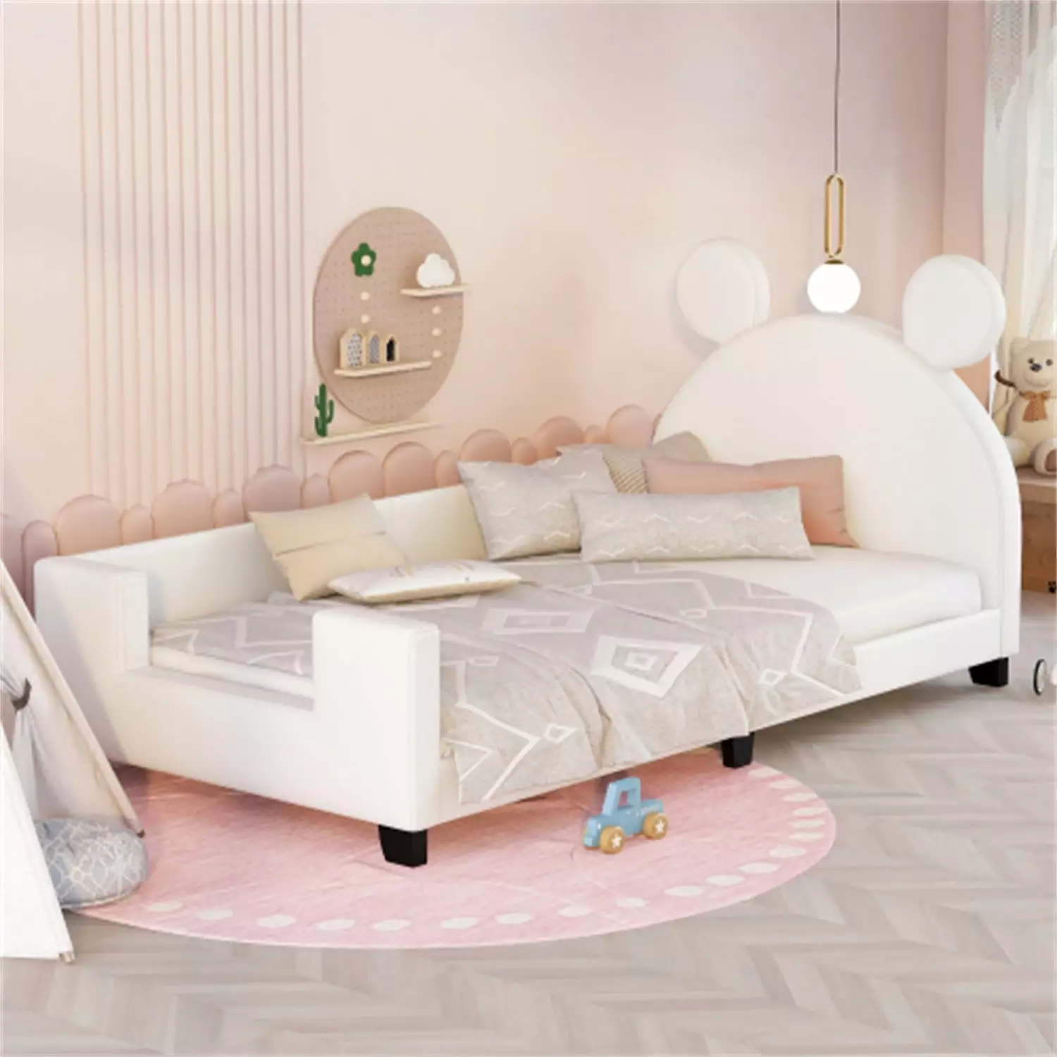 Twin Size Daybed PU Leather Upholstered Sofa Bed and Carton Ears Headboard - White Triple Tree