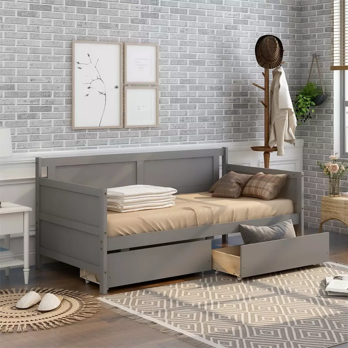 Twin Size Daybed Two Drawers - Solid Wood Sofa Bed Frame Kids Bedroom Living Room Gray Triple Tree