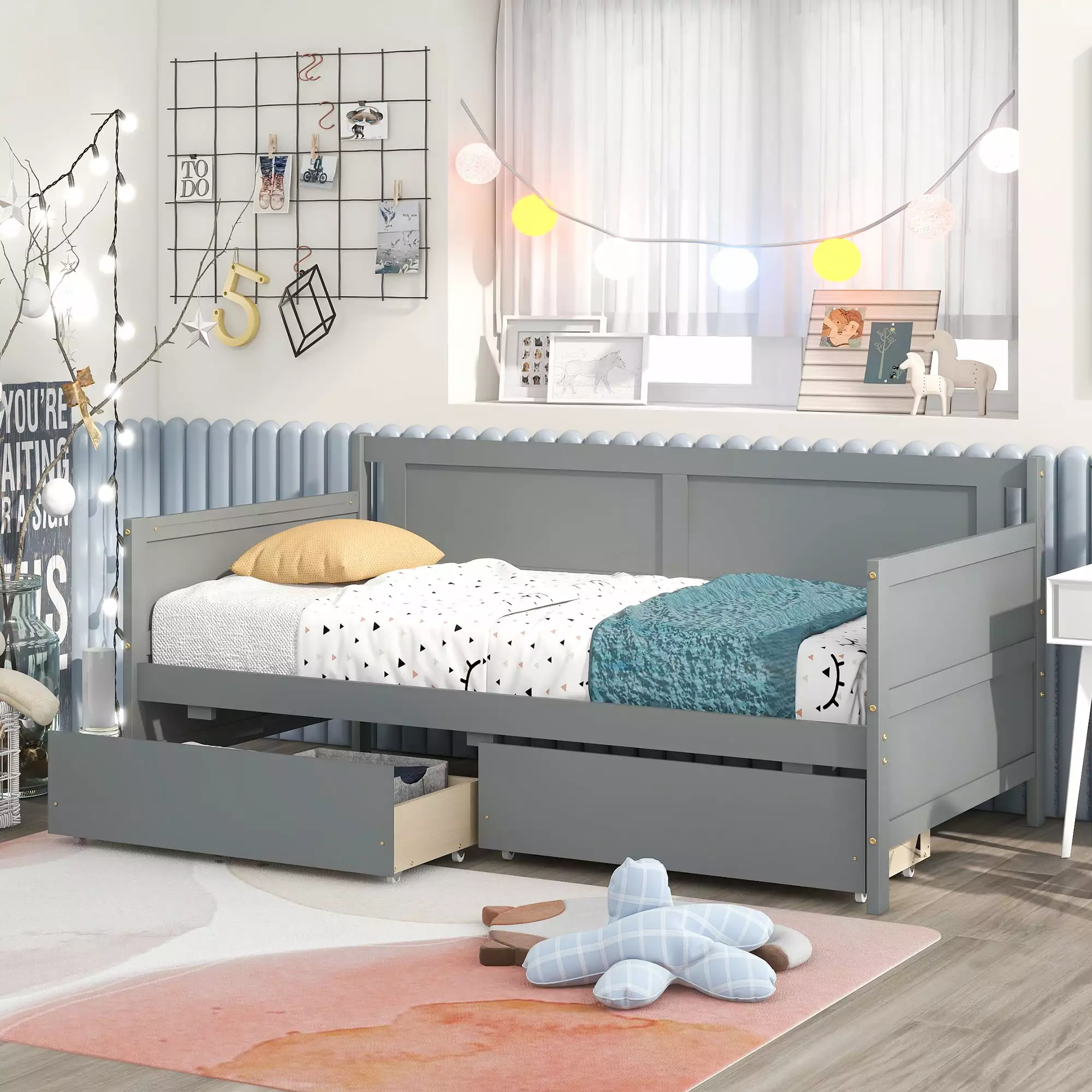 uhomepro Gray Twin Daybed Storage Drawers - Wood Bed Frame Sofa Bed Kids Living Room