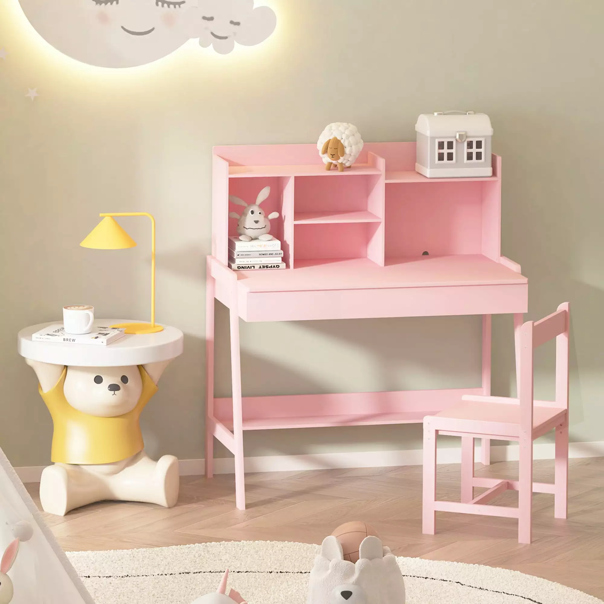 CASEMIOL Kids Desk Chair Study Desk and Chair Set 3 Adjustment Heights Large Storage Space and Cord Holes Pink
