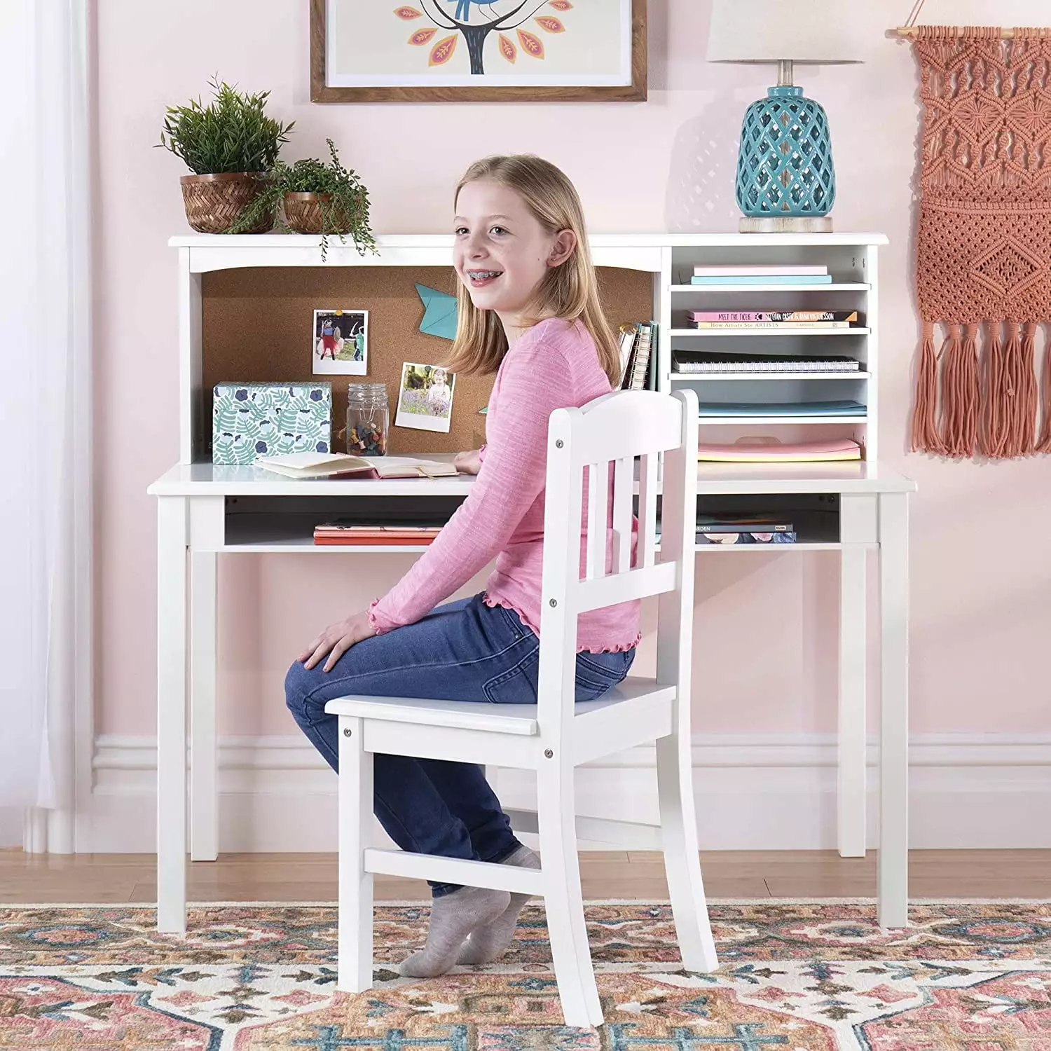 Children's Media Desk and Chair Set C White Student Study Computer Workstation Hutch Tongou