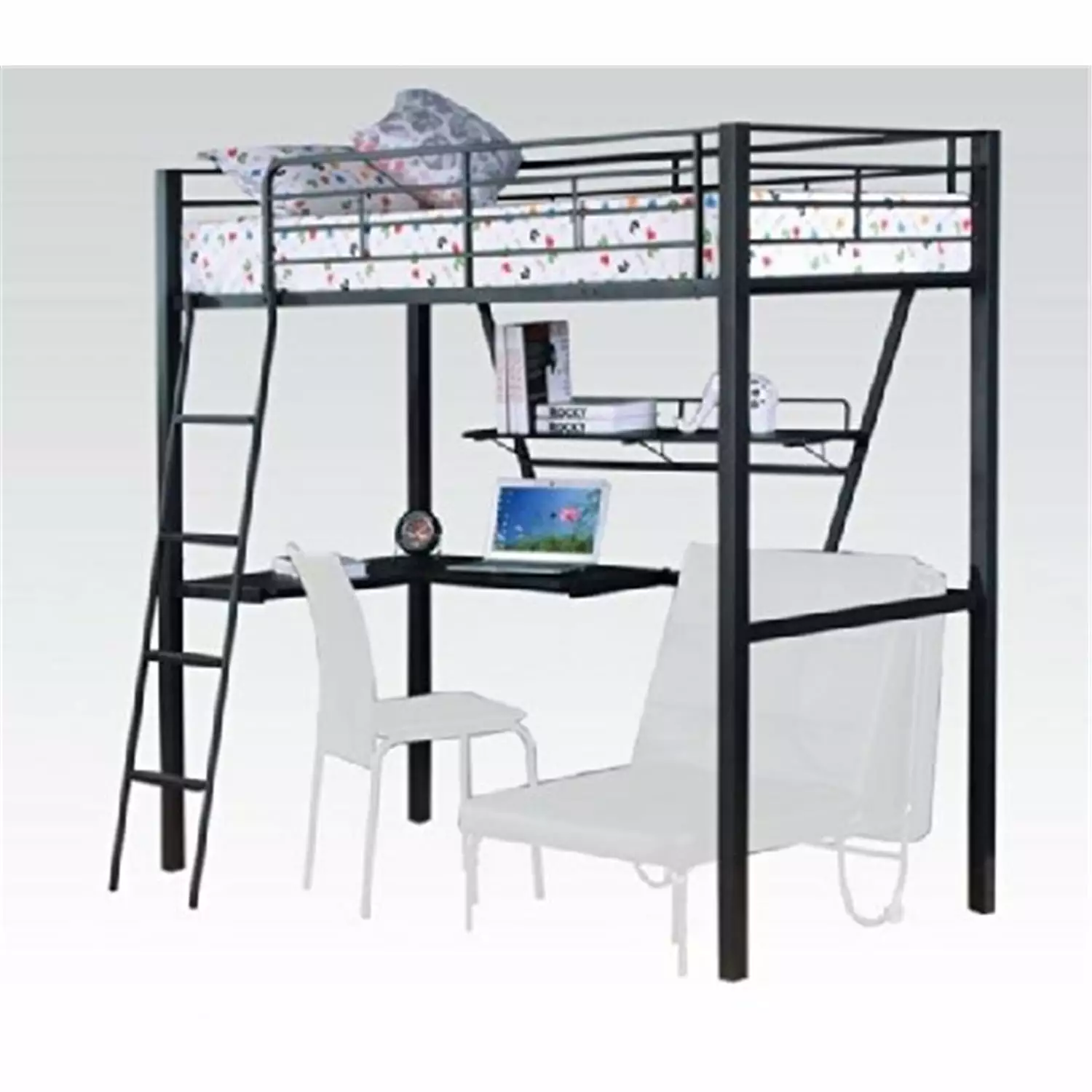 Silver and Black Twin Loft Bed Desk - Modern and Multi-Functional ACME