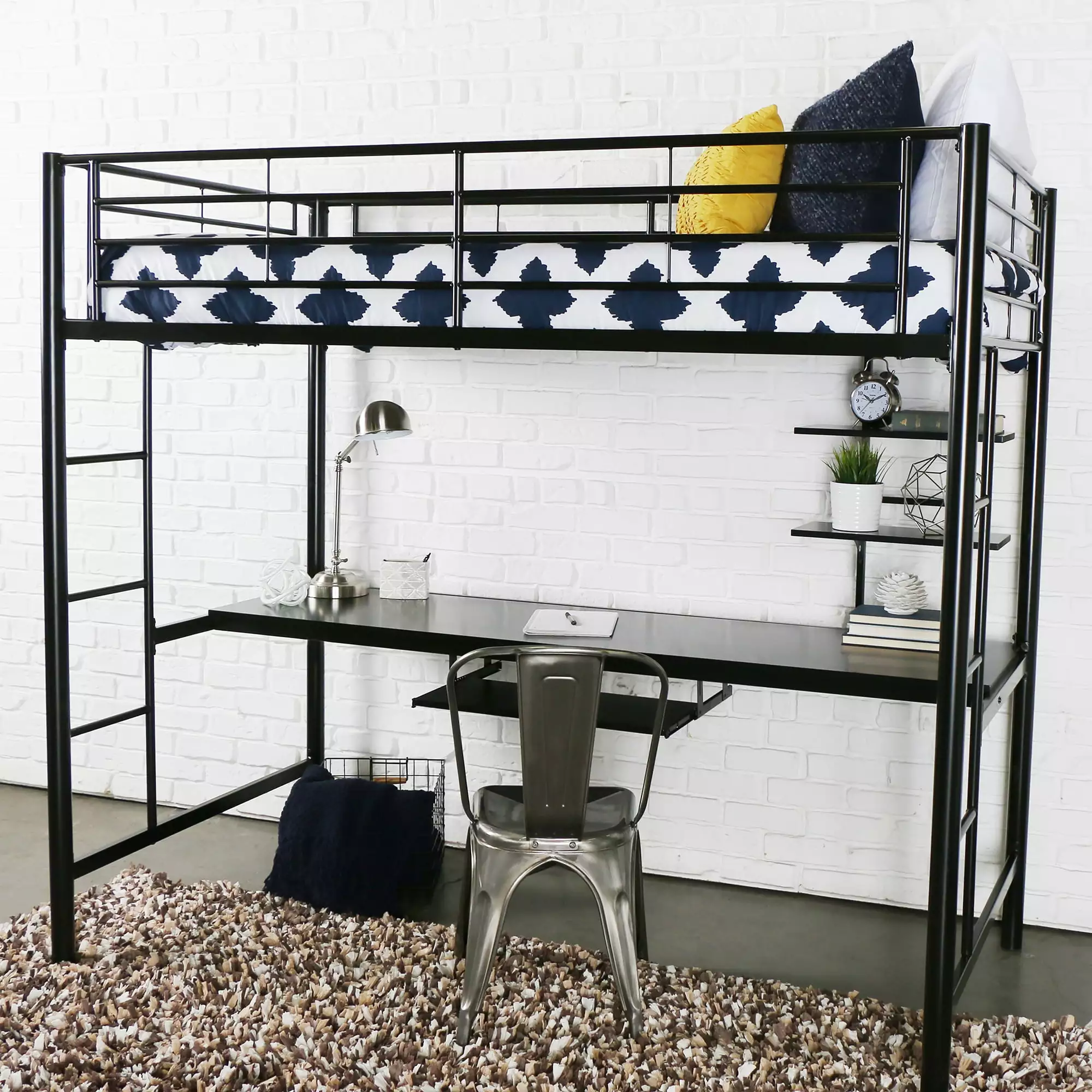 Walker Edison Metal Twin Workstation Desk Loft Bunk Bed Black - Space-Saving and Functional