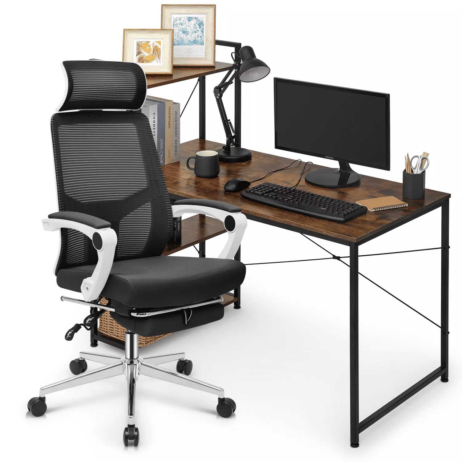 MoNiBloom Computer Desk & Chair Set - Ergonomic High Back Chair and Study Writing Table Bookshelf