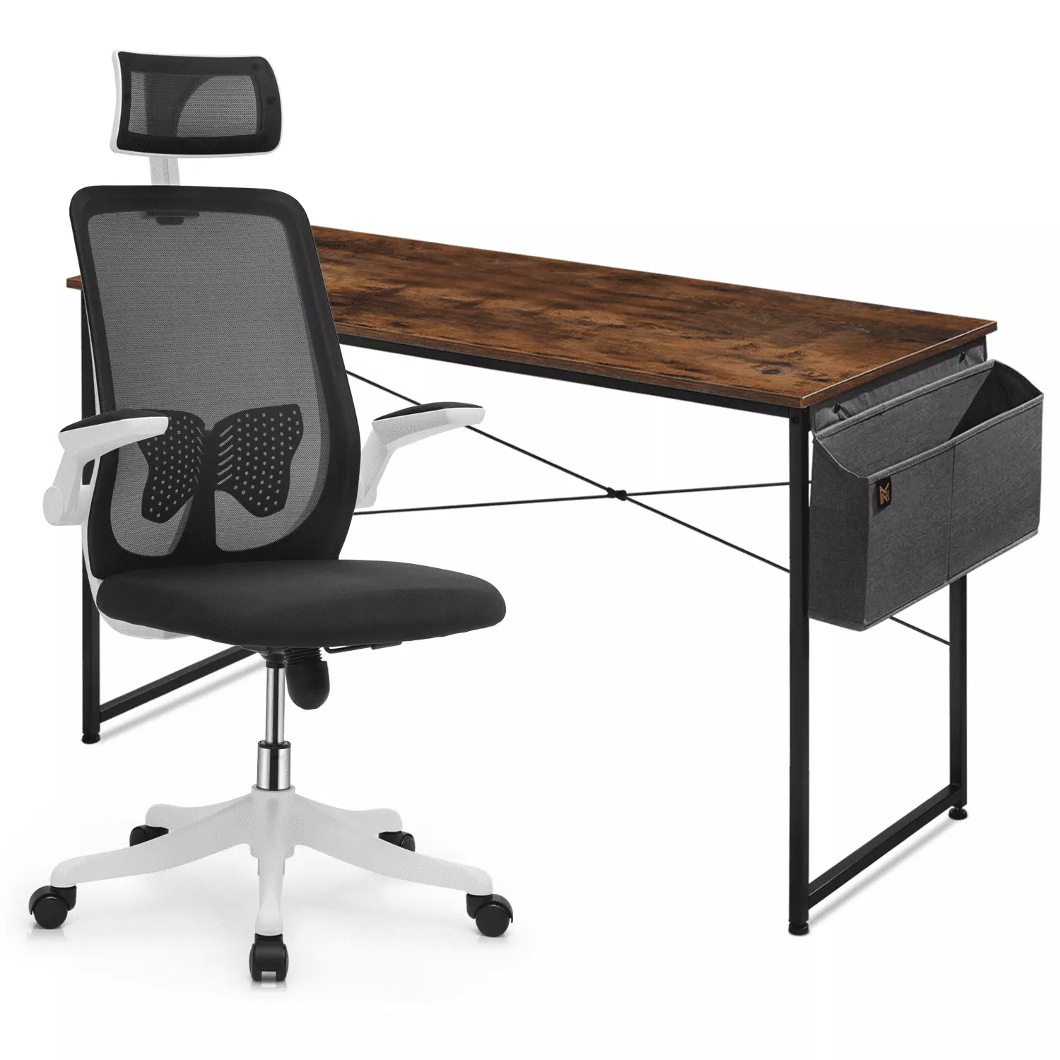 MoNiBloom Home Desk & Chair Set Headrest Flip-Up Arms and Laptop Table Storage Bag Black