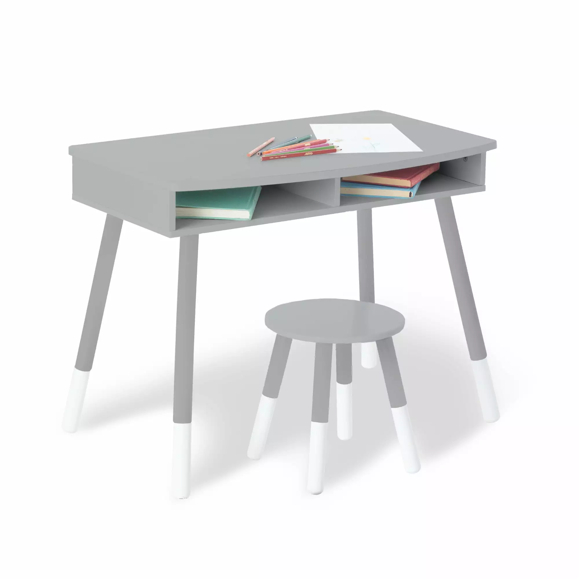 Luxury Homework Desk and Stool Set Gray White Modern Study Table Kids Wildkin