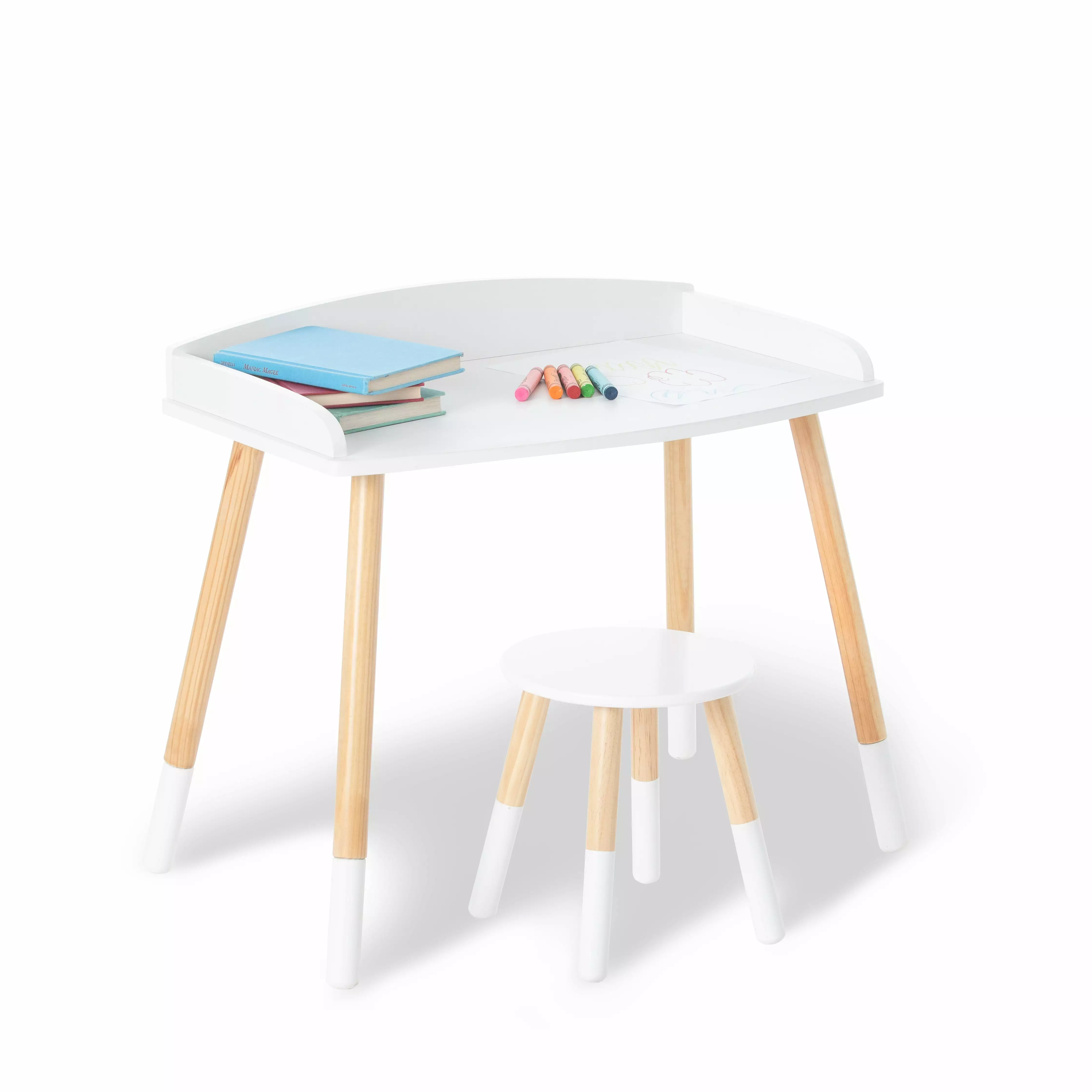 Modern Study Desk and Stool Set White Natural Finish Home Office Wildkin