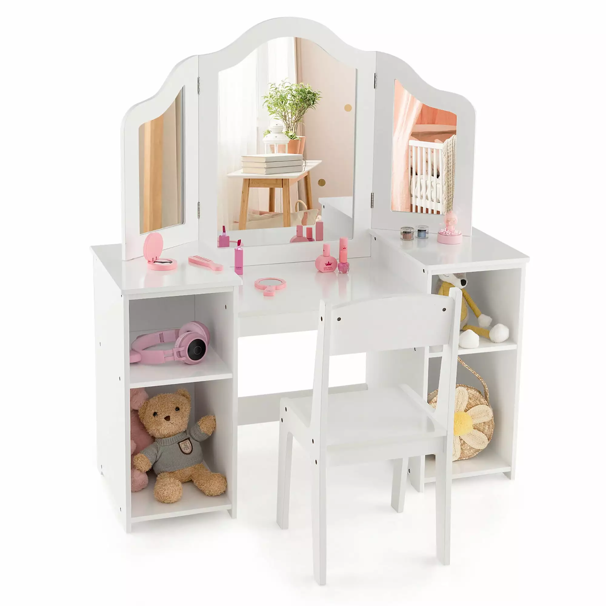 Gymax Kids 2 1 Princess Makeup Desk and Chair Set Tri-fold Mirror White