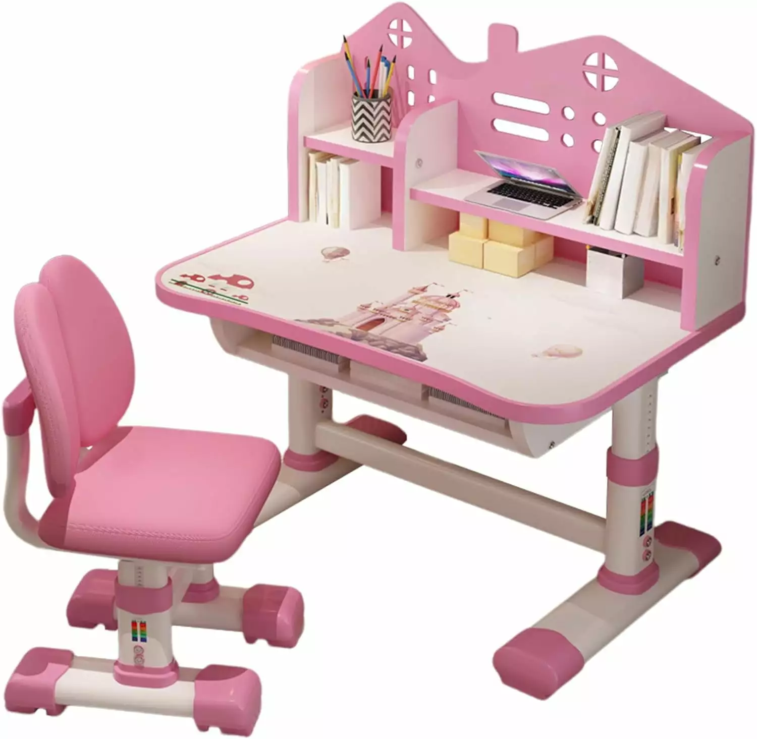 Kids Height Adjustable Study Desk Chair Set - Widened Cartoon Pattern Desktop Drawer School Home Learning YoJoFHM