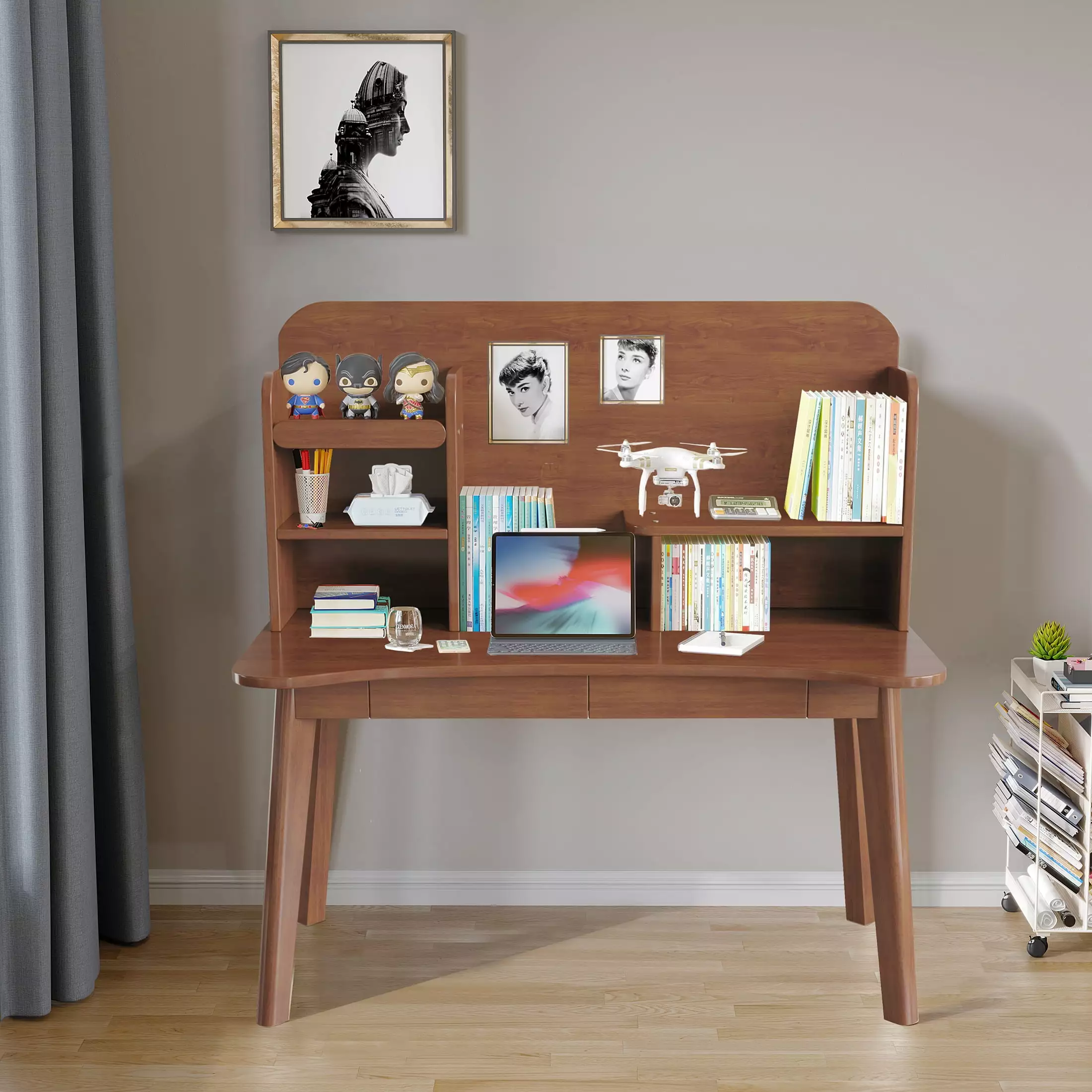 BALANBO Kids Desk Wooden Children's Study Desk Bookshelf and Two Drawers Brown