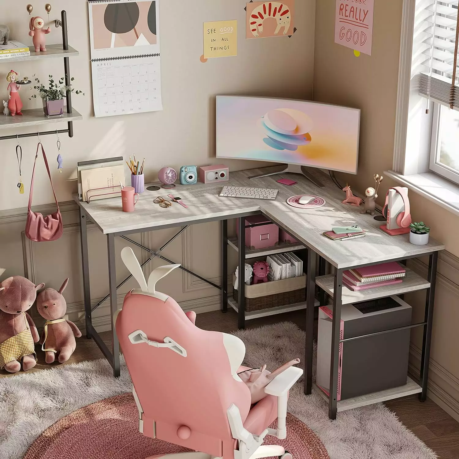 Bestier L Shaped Desk Shelves 75 Inch Reversible Corner Computer Desk or 2 Person Long Table Wash White