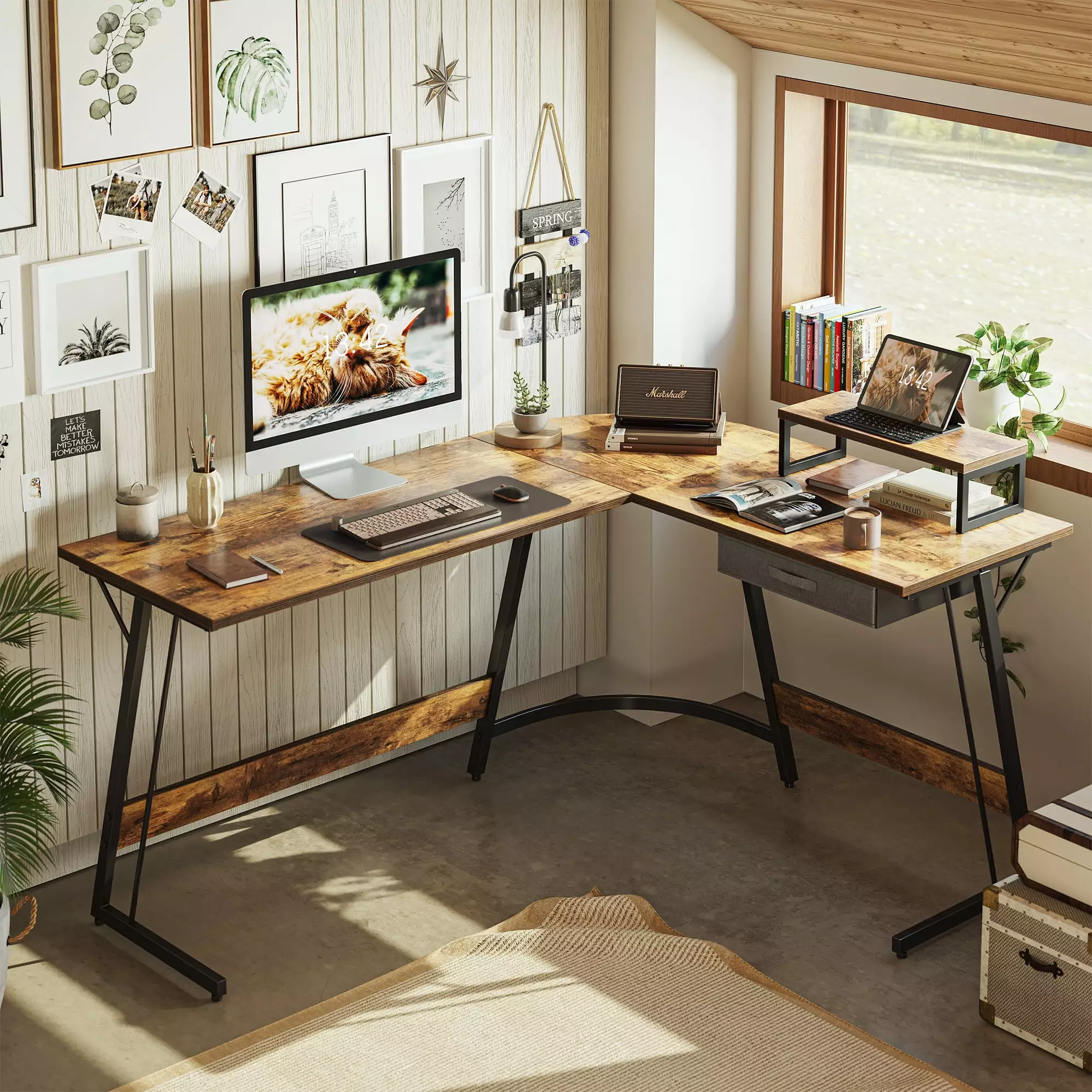CubiCubi 59.1 Modern L Shaped Desk Drawer Home Office Sturdy Computer Table Brown Finish