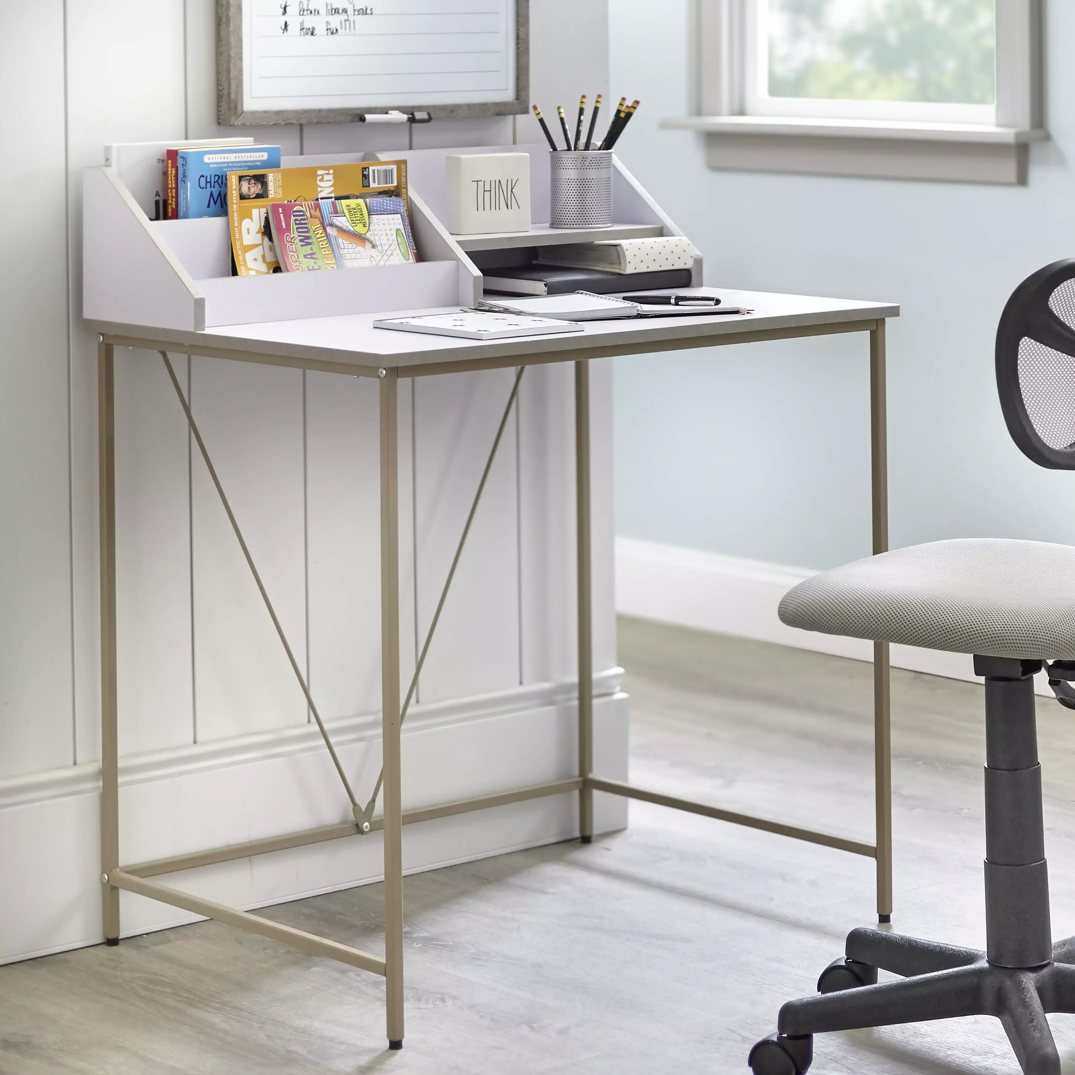 Quincy Kids Writing Desk Chair and Hutch White Gray Perfect Study TMS