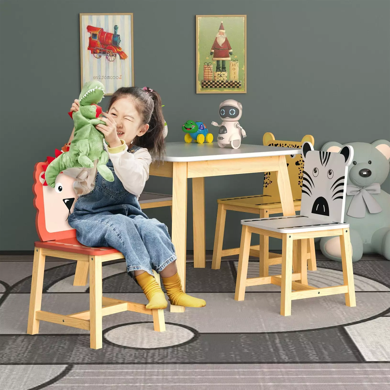 Children Table and Chair Set 5 - Cartoon Animal Wooden Dining Set Kindergarten and Home JAMPOOCA