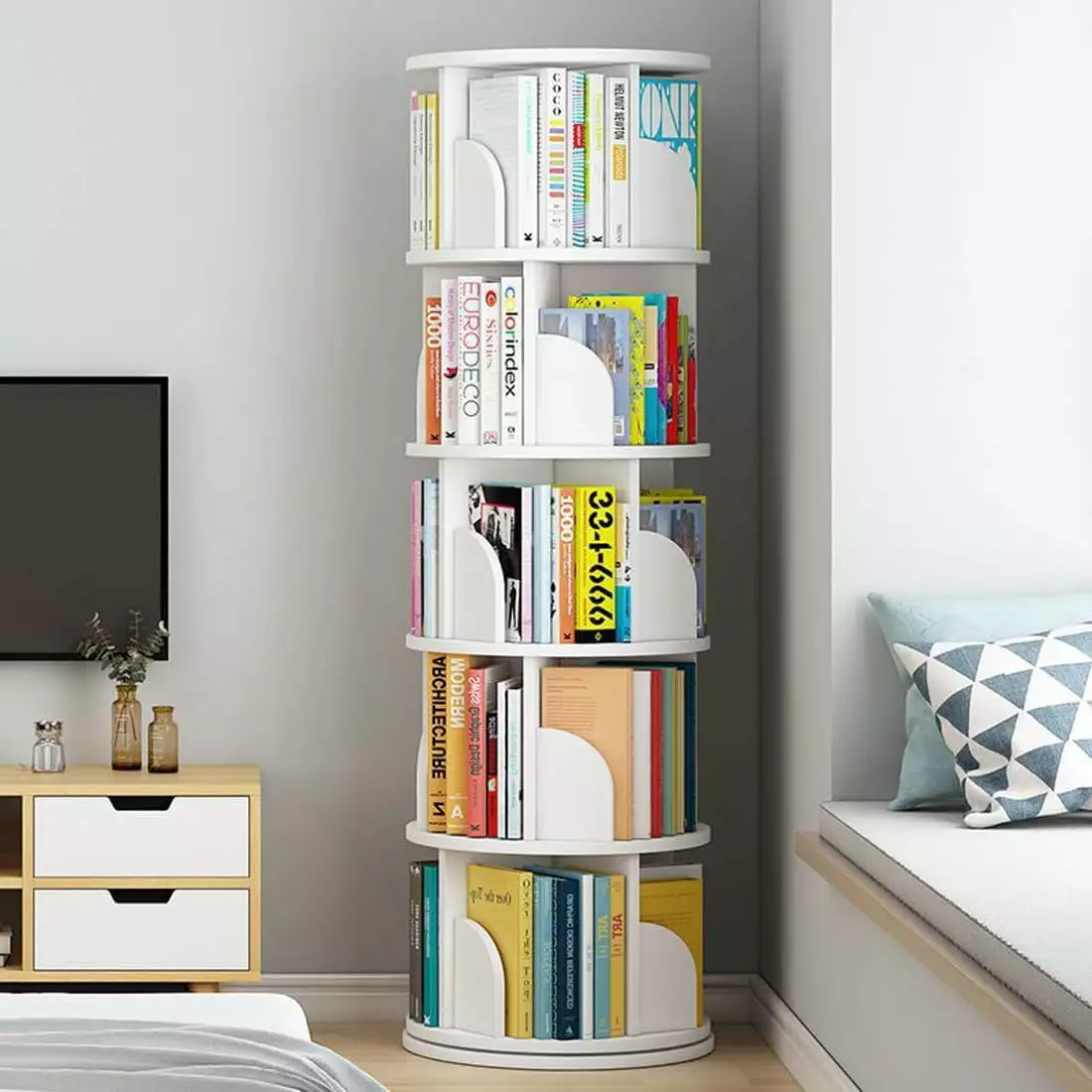 Bimiti 5 Tier Rotating Bookshelf 360 Revolving Bookcase 20 Shelves White