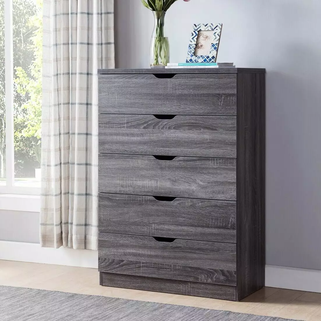 5 Modern Distress Chest Gray Drawers - Stylish Bedroom Storage Solution DJ Cop Design