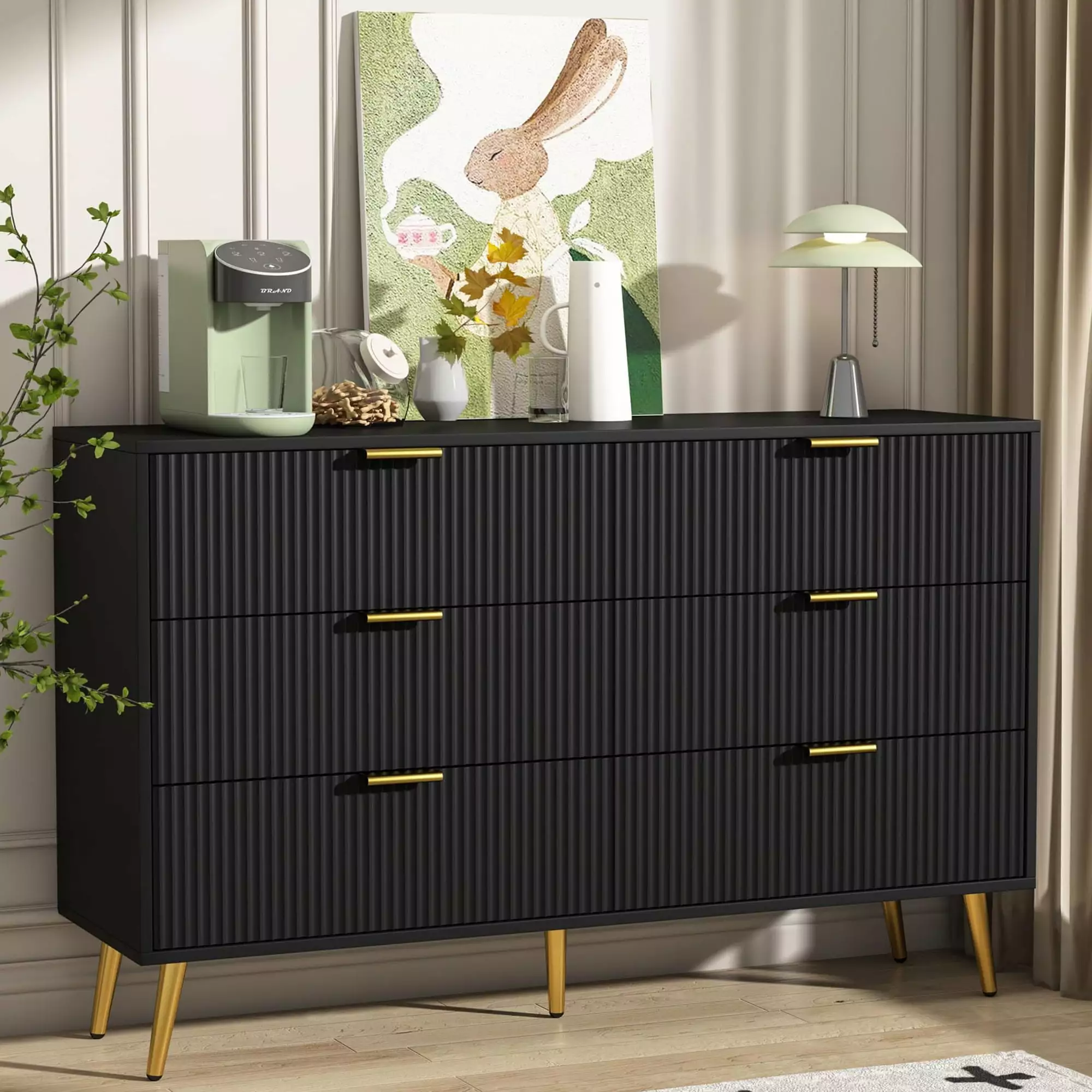 Fluted 6 Drawer Double Dresser Wood Chest Drawers Modern Storage Cabinet Living Room Bedroom Diubas