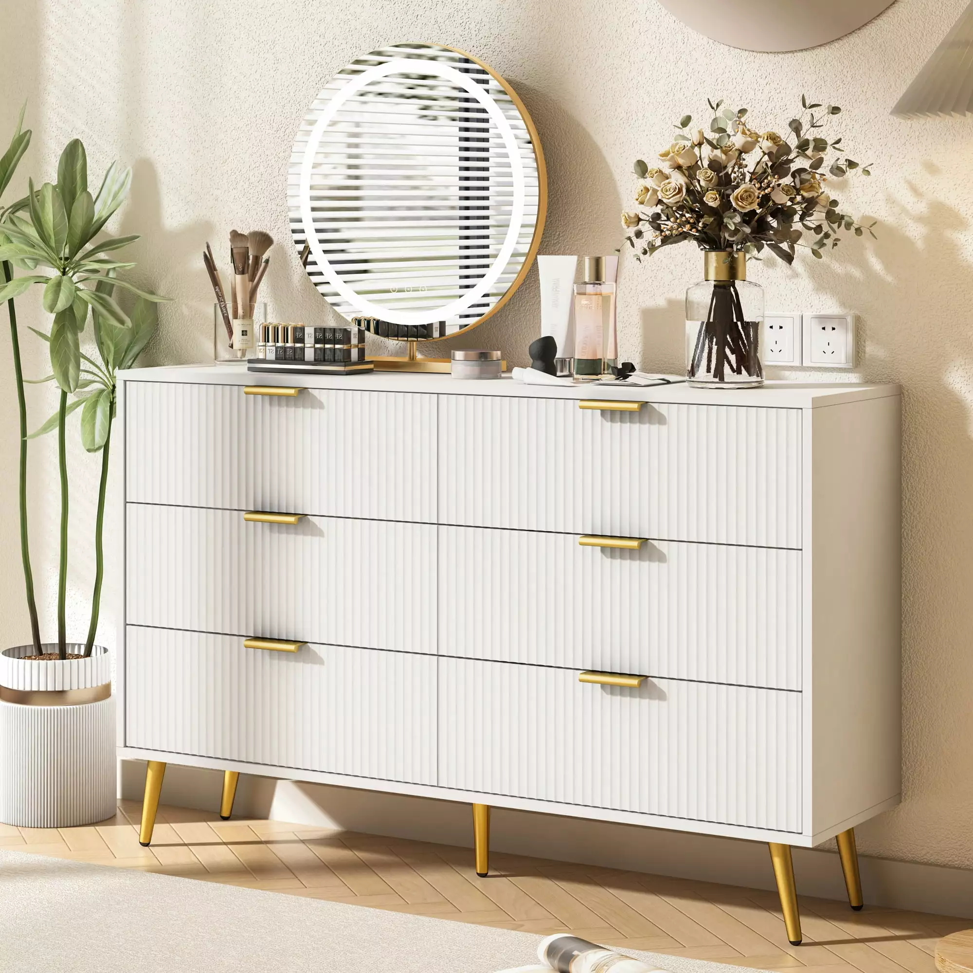 Fluted 6 Drawer Double Dresser - Modern Wood Storage Cabinet Bedroom Living Room Fiogmub