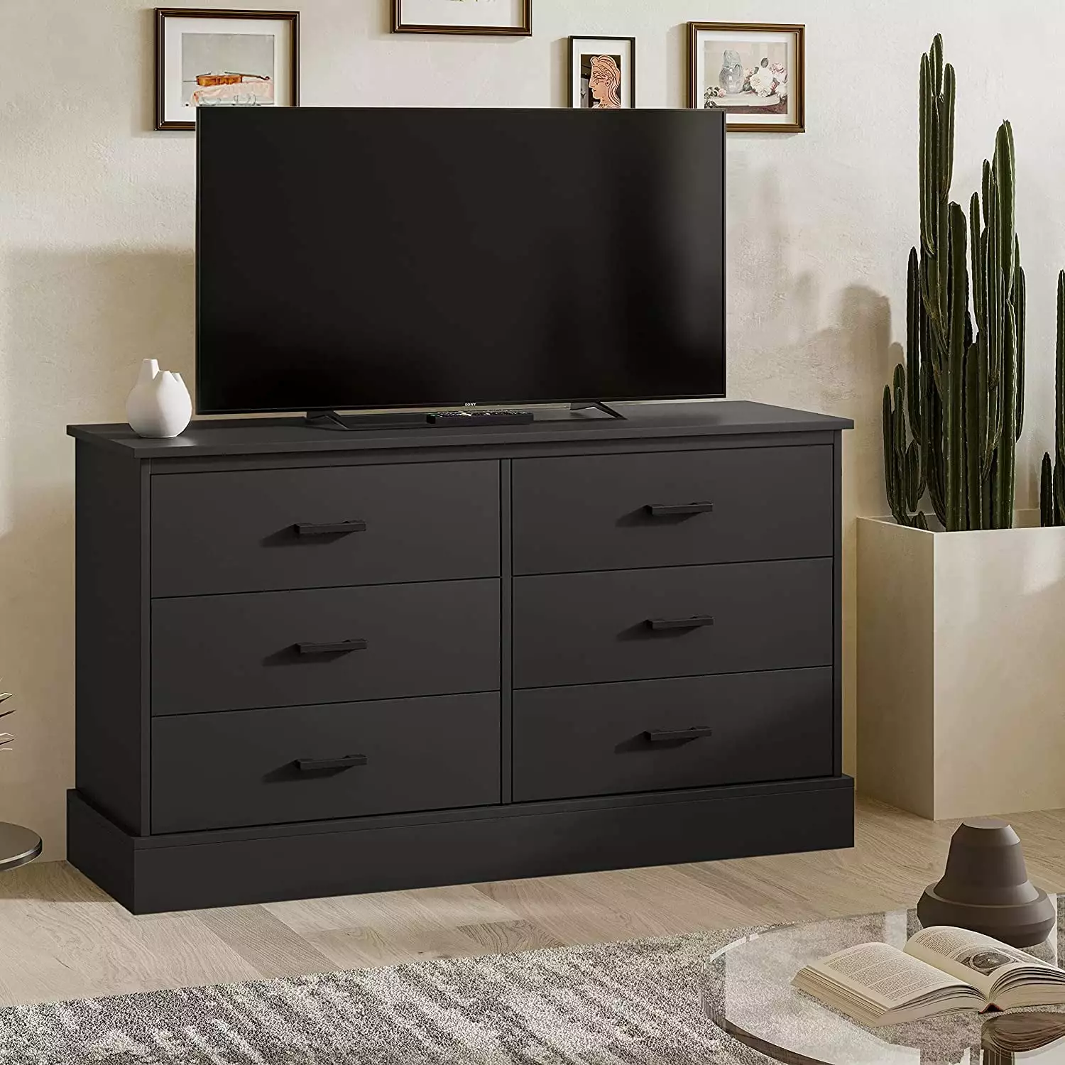 Black 6 Drawer Double Dresser - Wood Storage Tower Bedroom Hallway Entryway Kicode