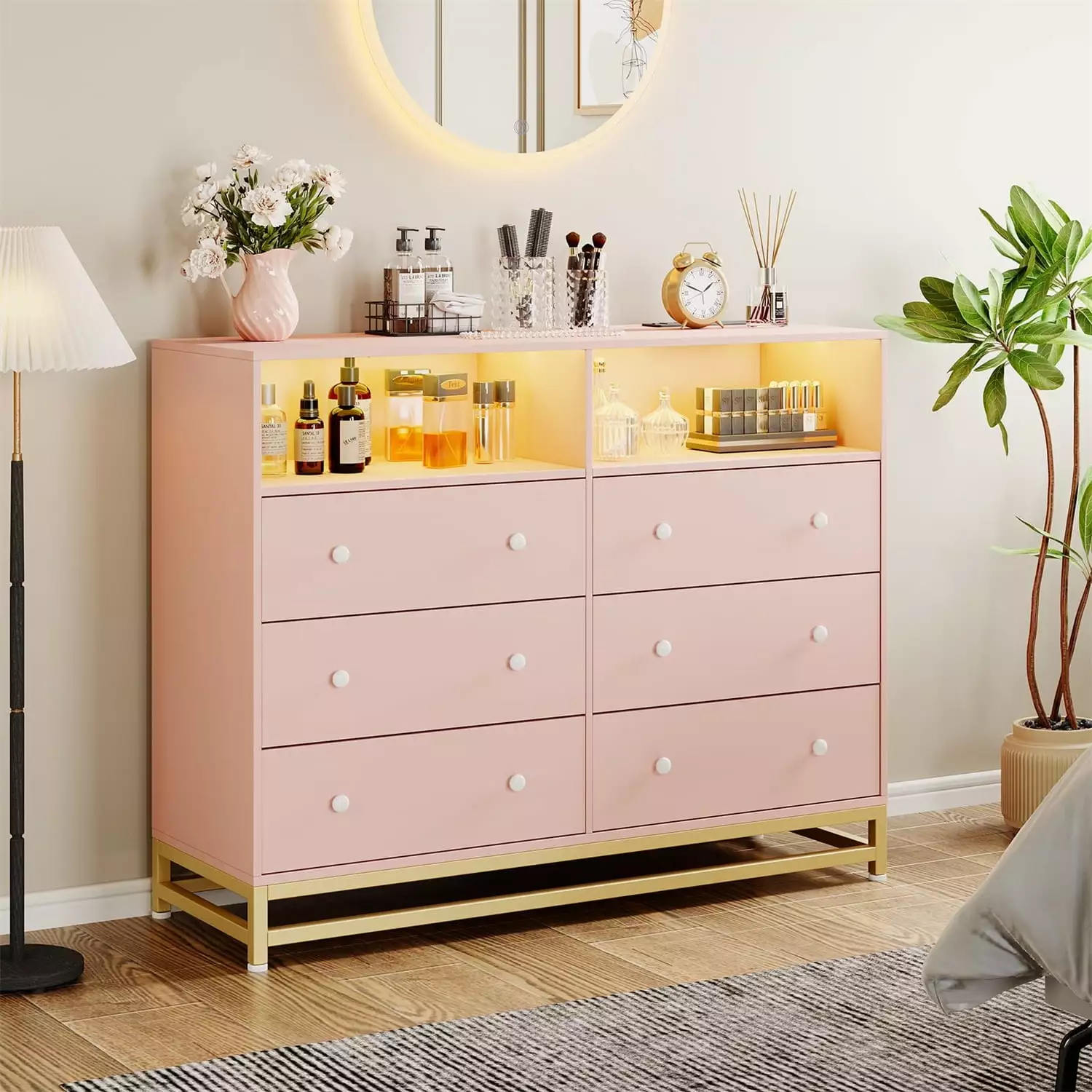 NEILA 6 Drawers Double Dresser Bedroom Power Outlet LED Light Large Capacity Chest Drawers