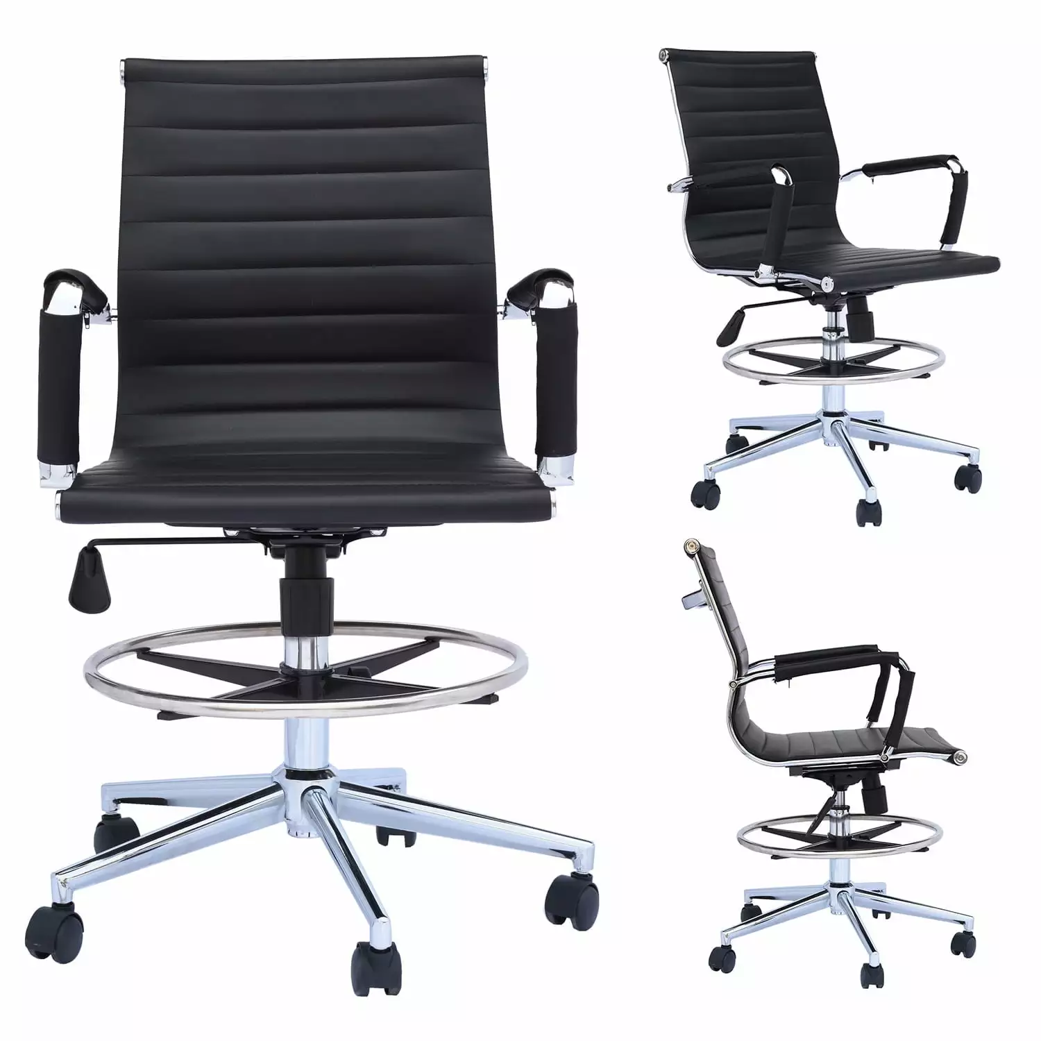 Black Office Drafting Chair Ribbed Mid Back Wheels Arms Adjustable Height Chrome Swivel Foot Rest 2Xhome