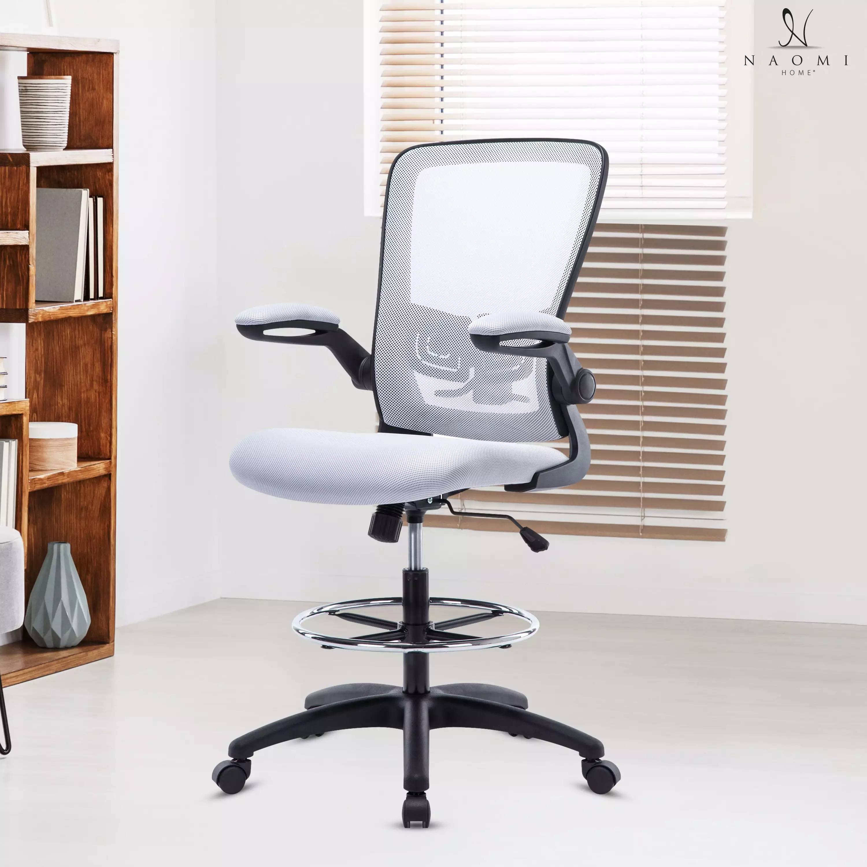 Naomi Home Office Chair White Mesh Drafting Chair Ergonomic Desk Chair