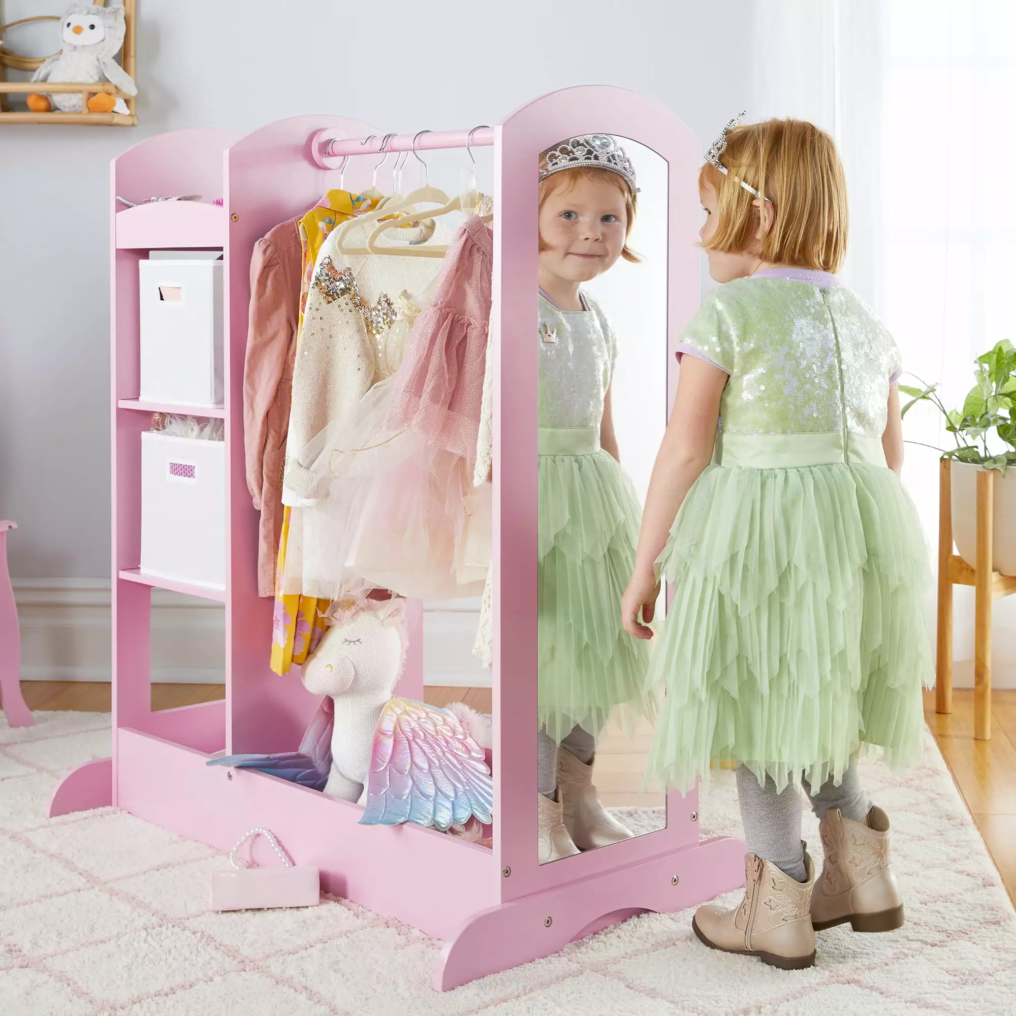 Guidecraft See and Store Dress Up Center Pink - Kids Pretend Play Clothes Armoire Mirror