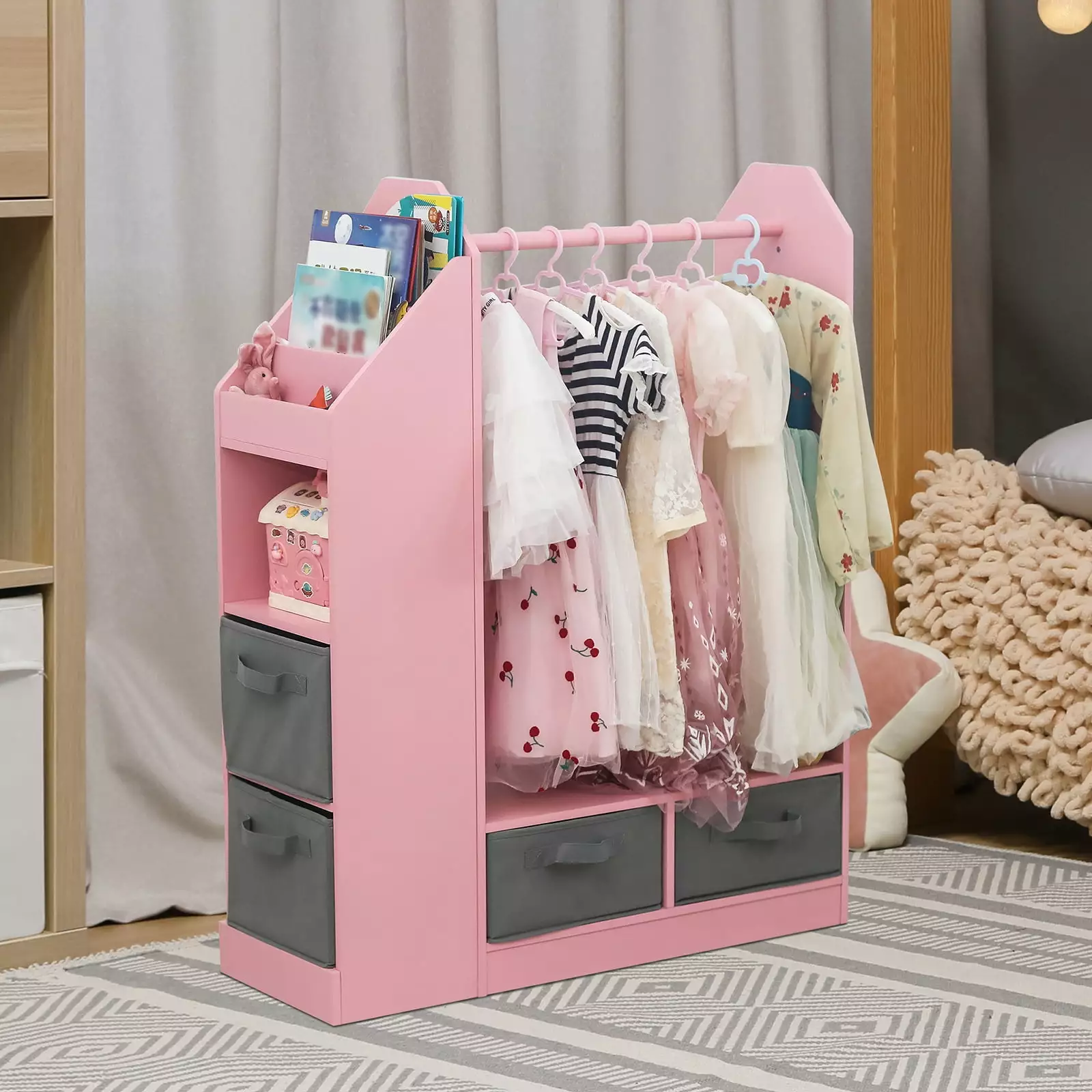 Zimtown Large Dress Up Storage Mirror and Bookshelves - Kids Costume Armoire Hanging Rack