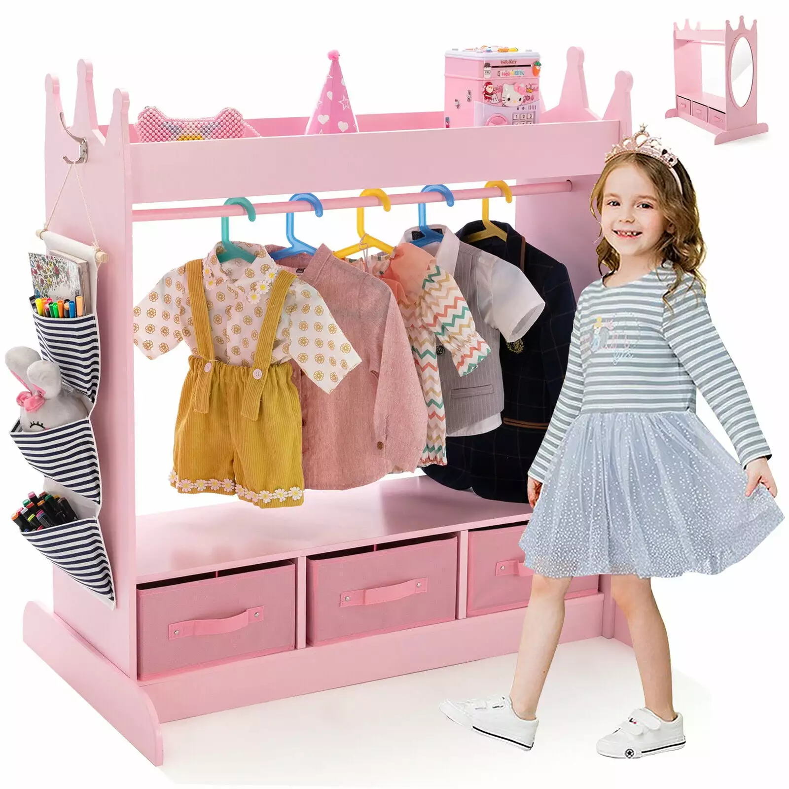JOYLDIAS Kids Armoire Pretend Dress-Up Storage Hanging Closet Wardrobe Mirror 3 Drawers Pink