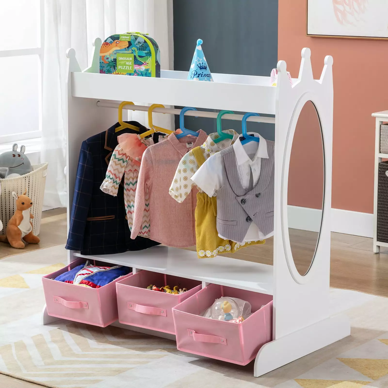 Kids Girls Armoire Closet Mirror - Dress Up Storage Side Pocket Joyldias