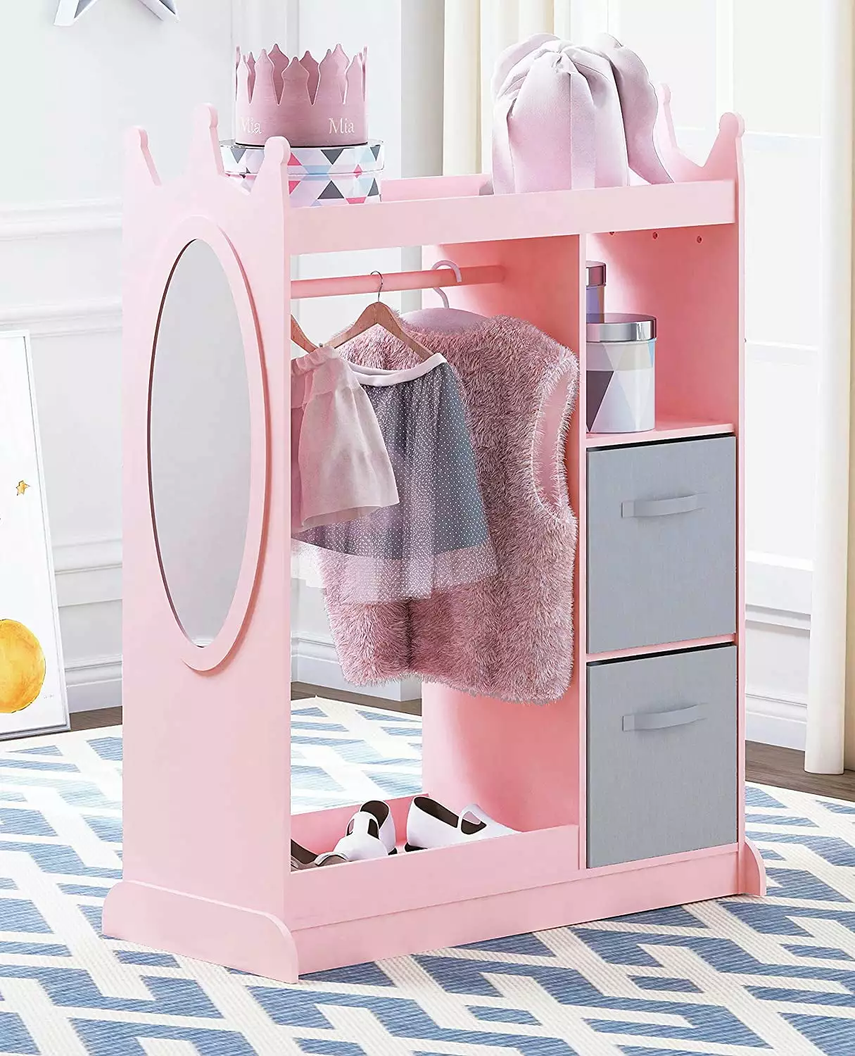 SalonMore Kids Dress Up Storage Mirror and Storage Bin Kids Armoire Dresser 2 Drawers Costume Closet Kids Pretend Storage ...