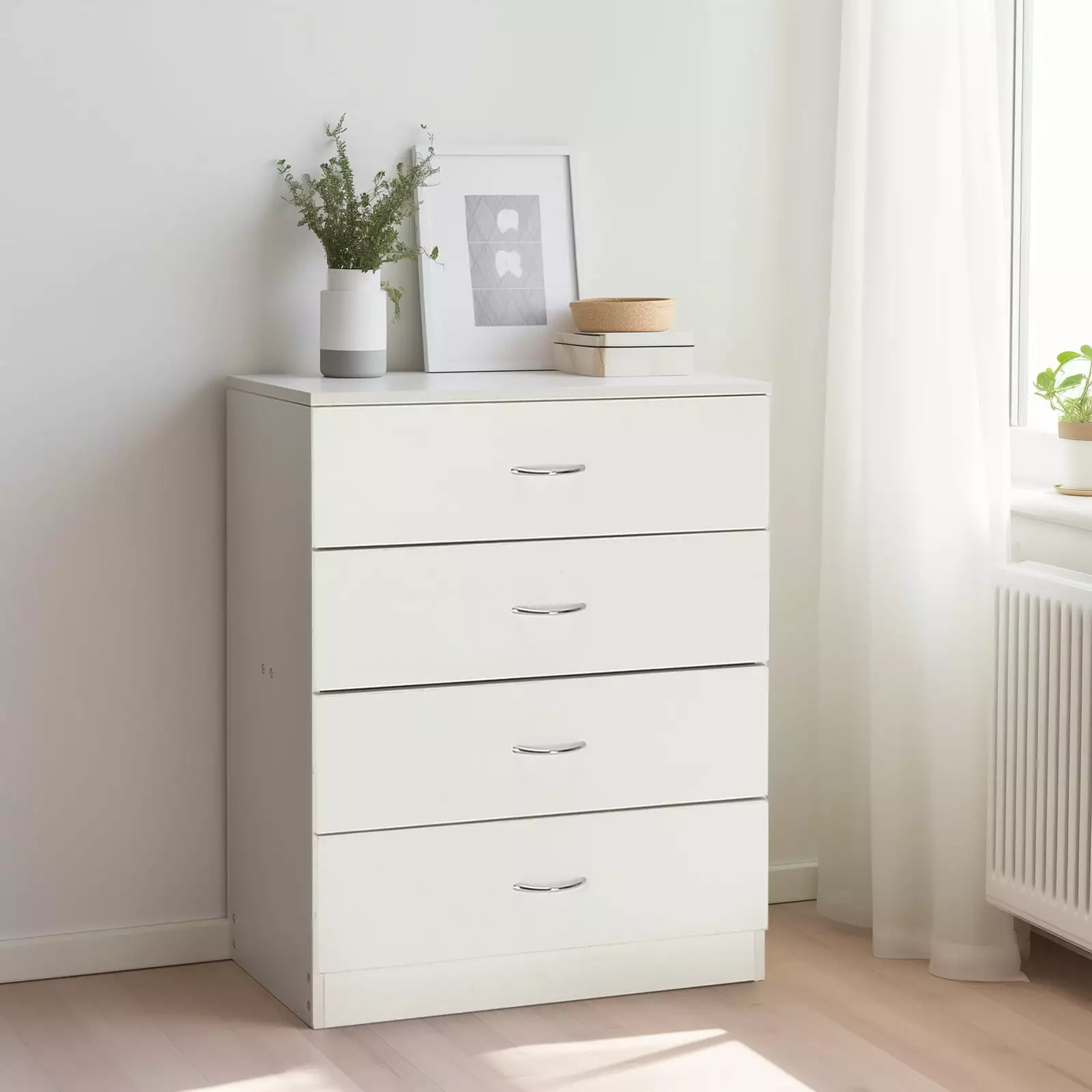 UBesGoo 4-Drawer Dresser Pure White Metal Handles Bedside Night Stand Bedroom