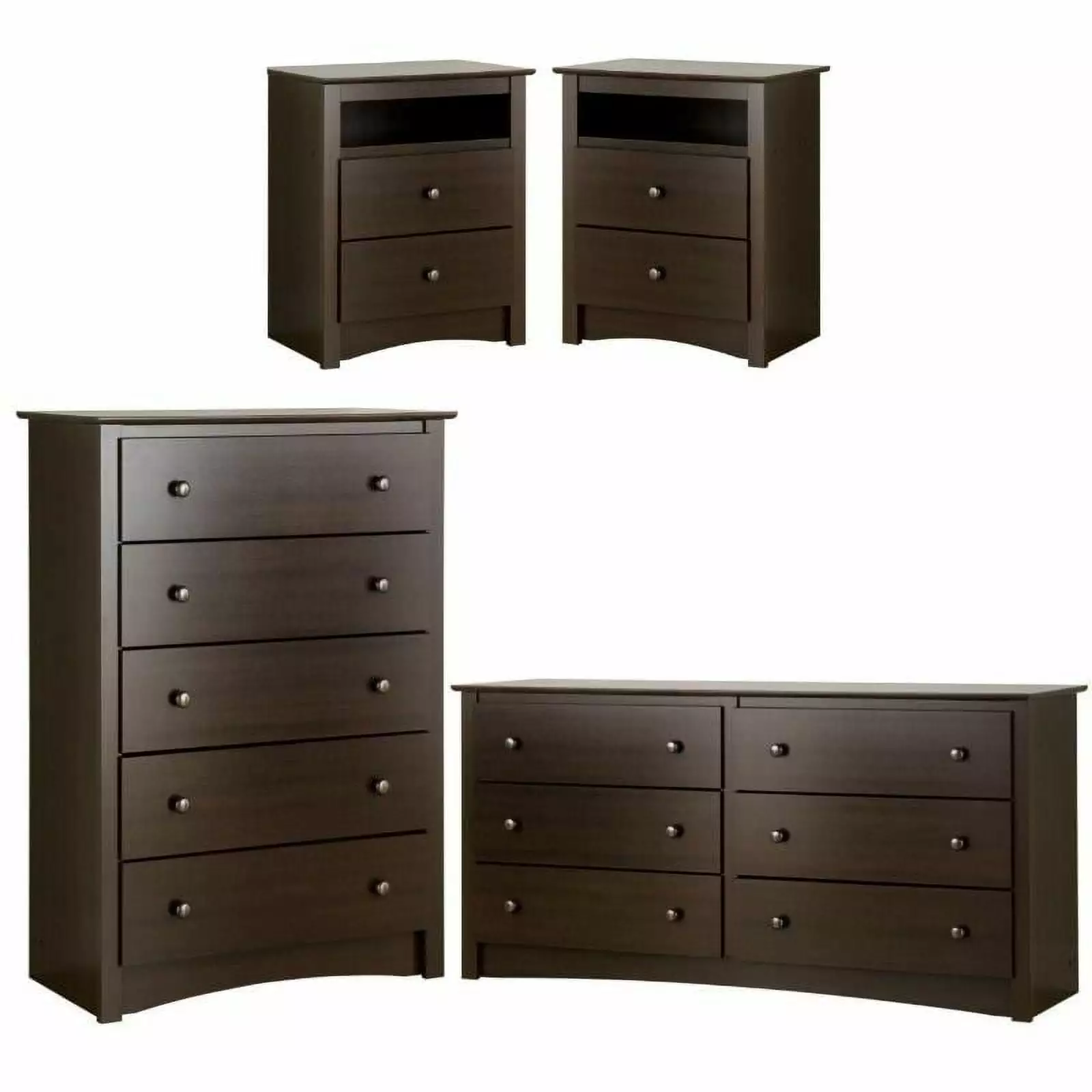 Home Square 4-Piece Bedroom Set 2 Night Tables 5-Drawer Chest 6-Drawer Dresser