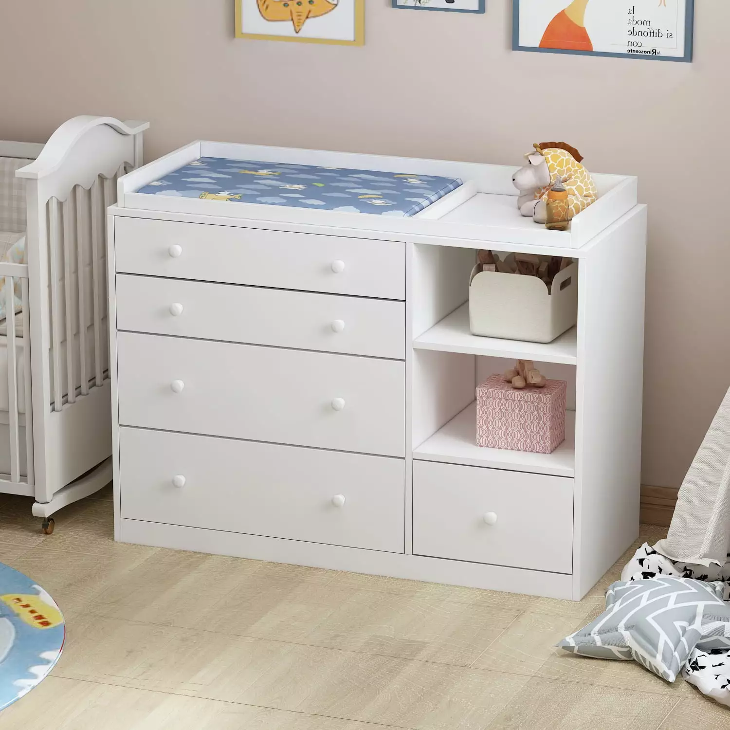 AIEGLE White Baby Dresser Changing Table and 5 Drawers Nursery Storage Chest