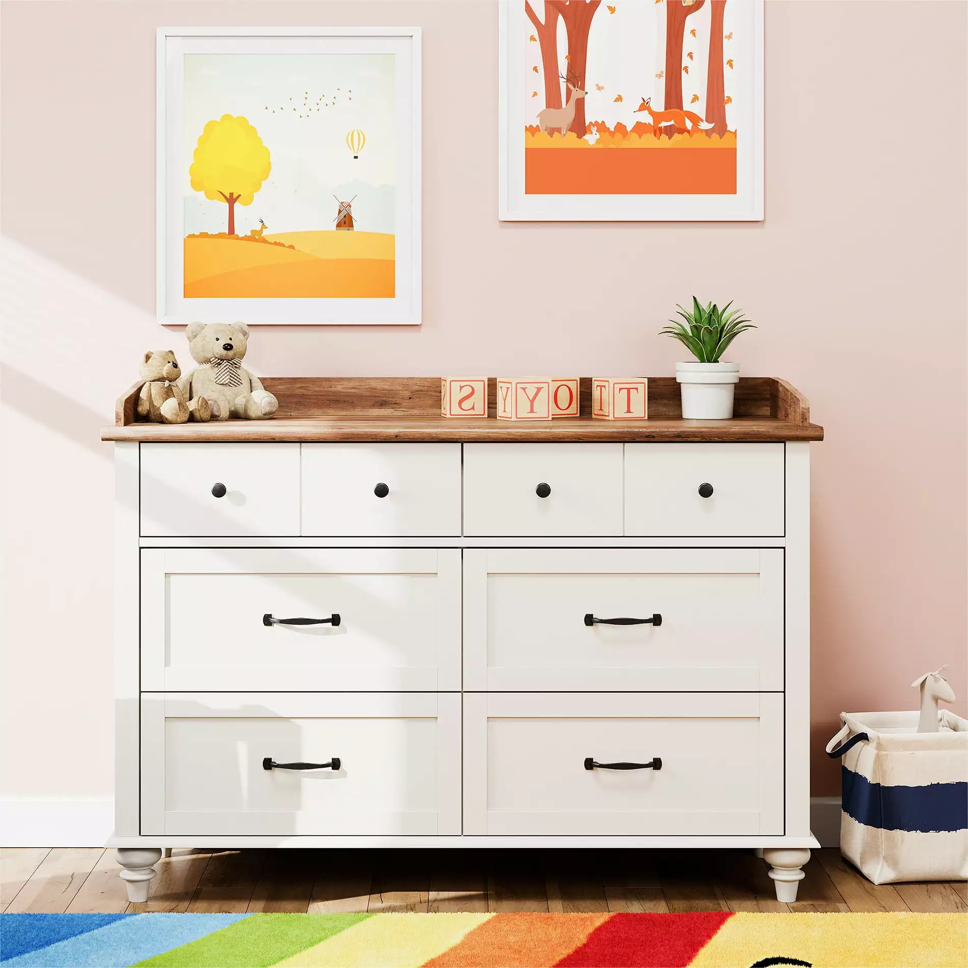 Wood Kids Dresser 6 Drawers Nursery Dresser Mid-Century Style White Oak FITUEYES