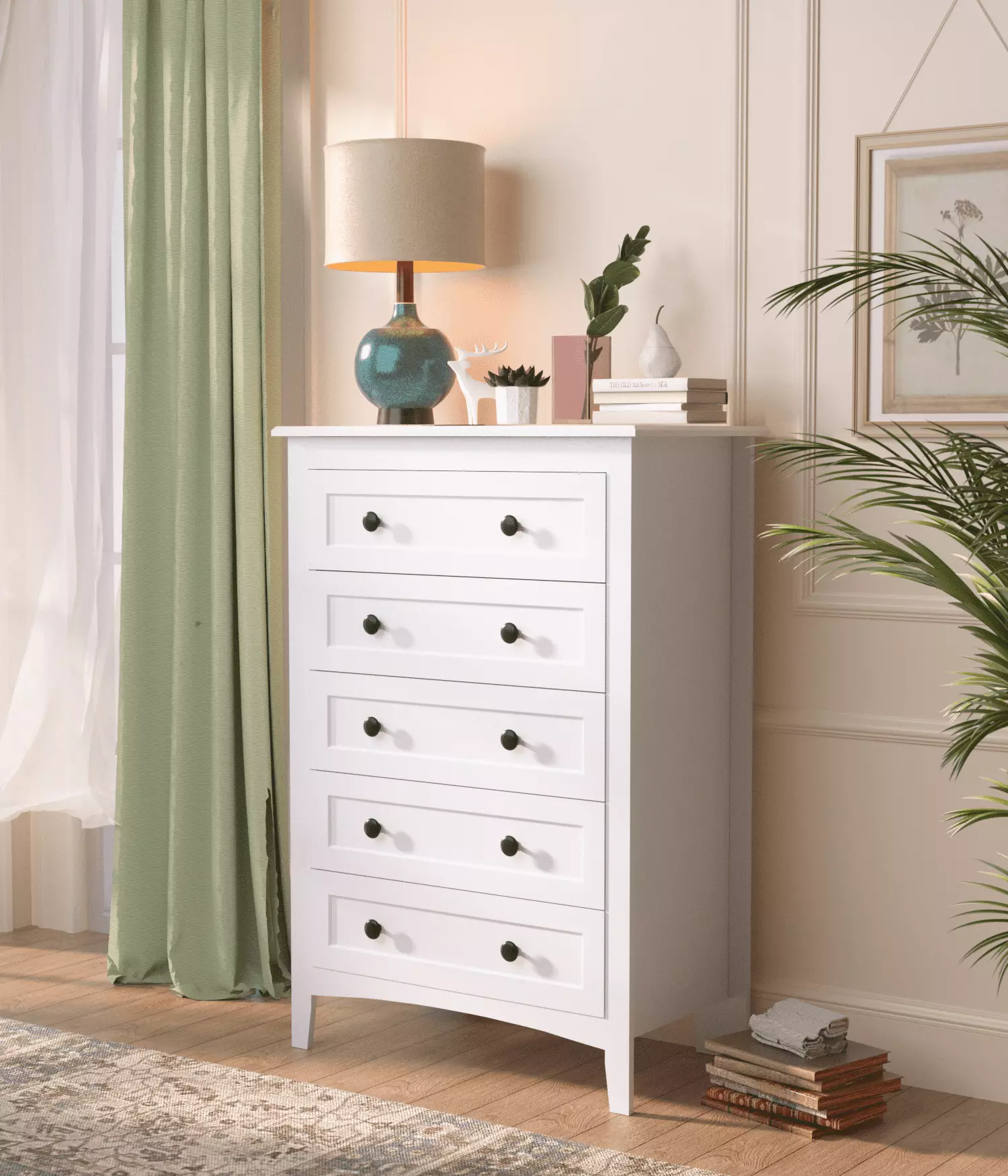 HAIOOU 5 Drawer Chest Bedroom Power Outlets Modern White Wooden Storage Dresser