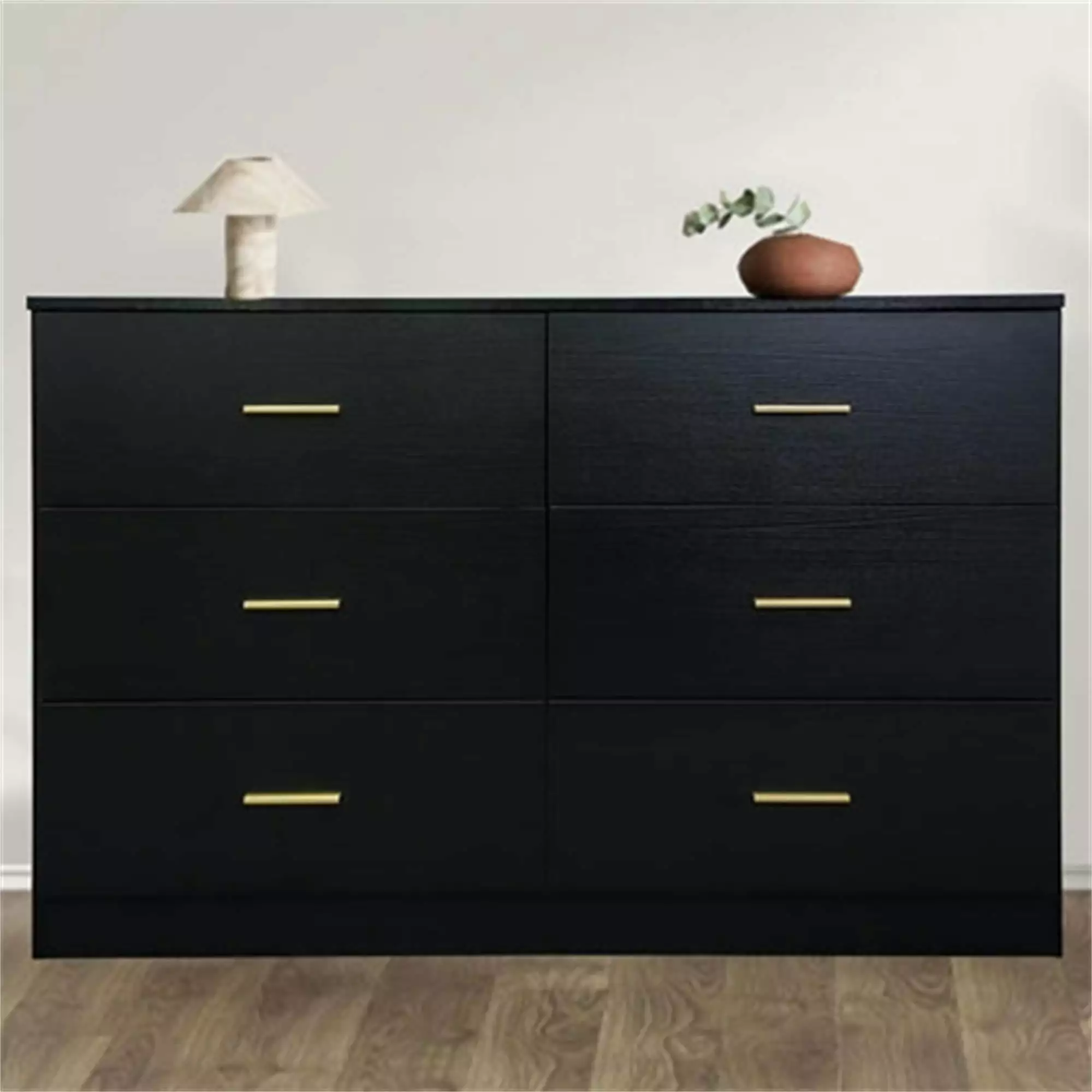 Hommoo Modern Wooden Wide 6 Drawer Dresser Bedroom Nursery Storage Cabinet Gold Handle Black