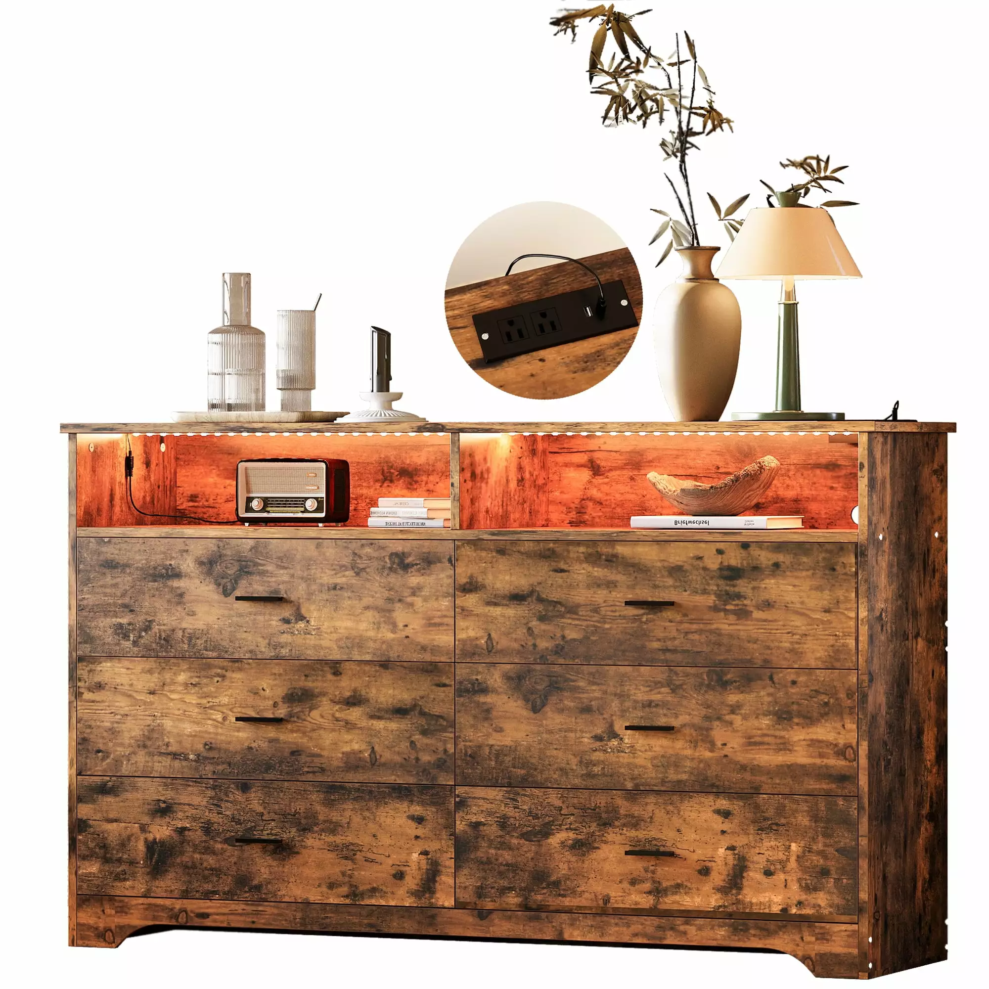 LIKIMIO 59 Dresser 6 Drawer & Charging Station Bedroom & Living Room Wood Brown