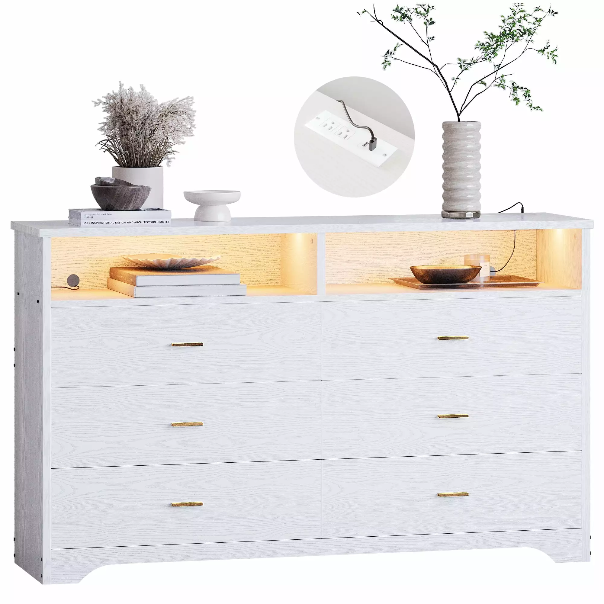 LIKIMIO 59 Dresser 6 Drawer & Charging Station Bedroom & Living Room Wood White