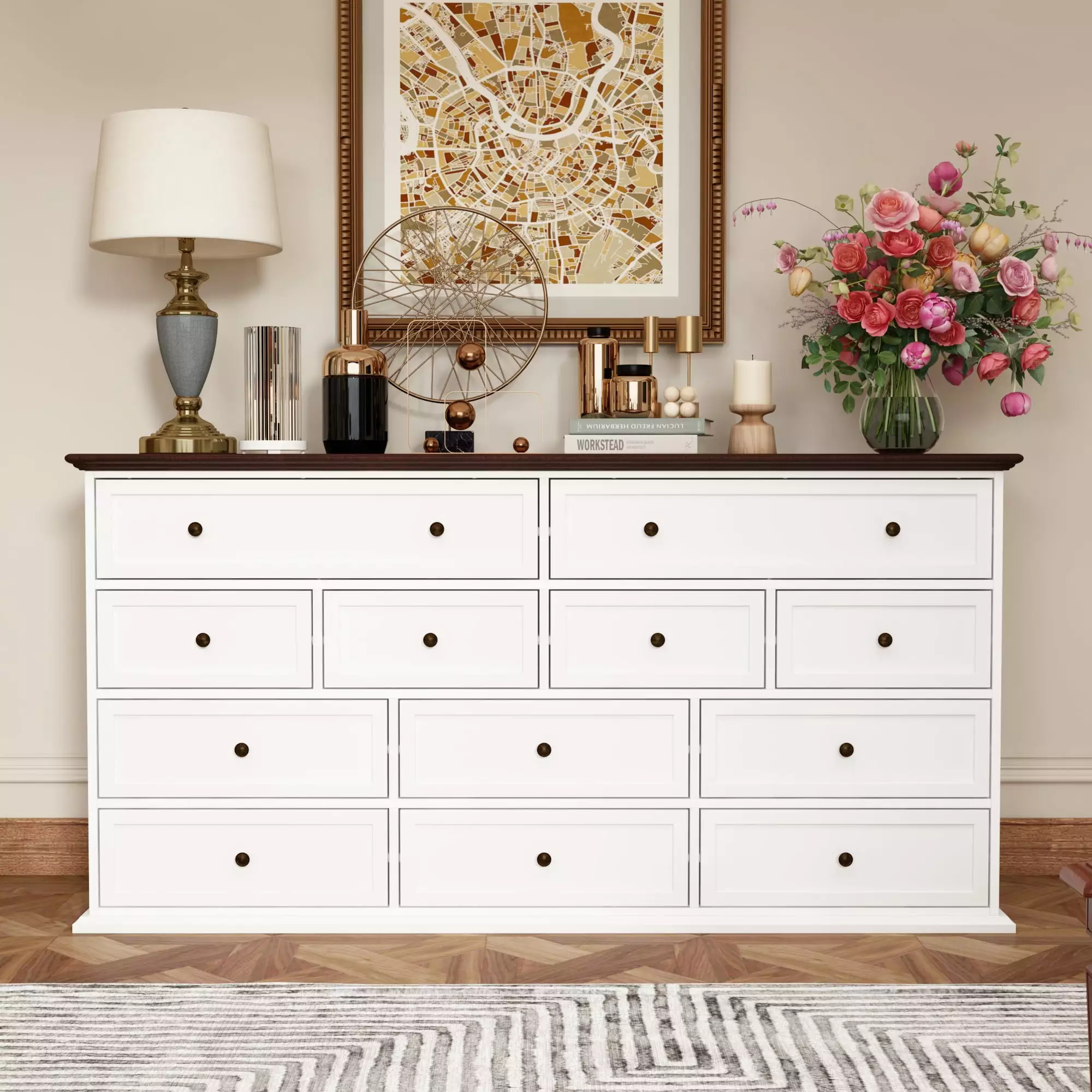 OXYLIFE 12-Drawer Dresser Chest Bedroom Living Room White Brown Top