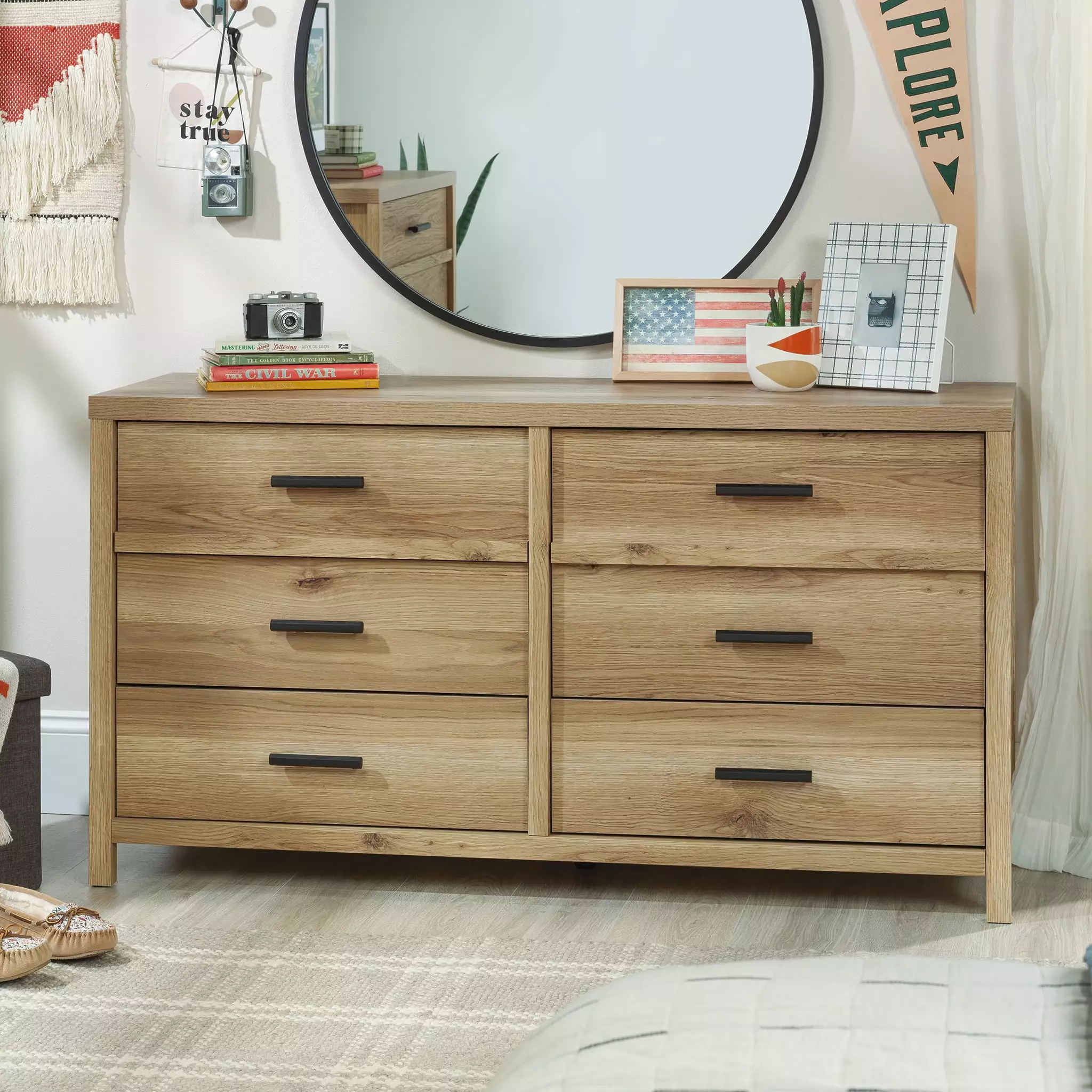 Erie Gatherion Sauder 6-Drawer Bedroom Dresser Timber Oak Finish