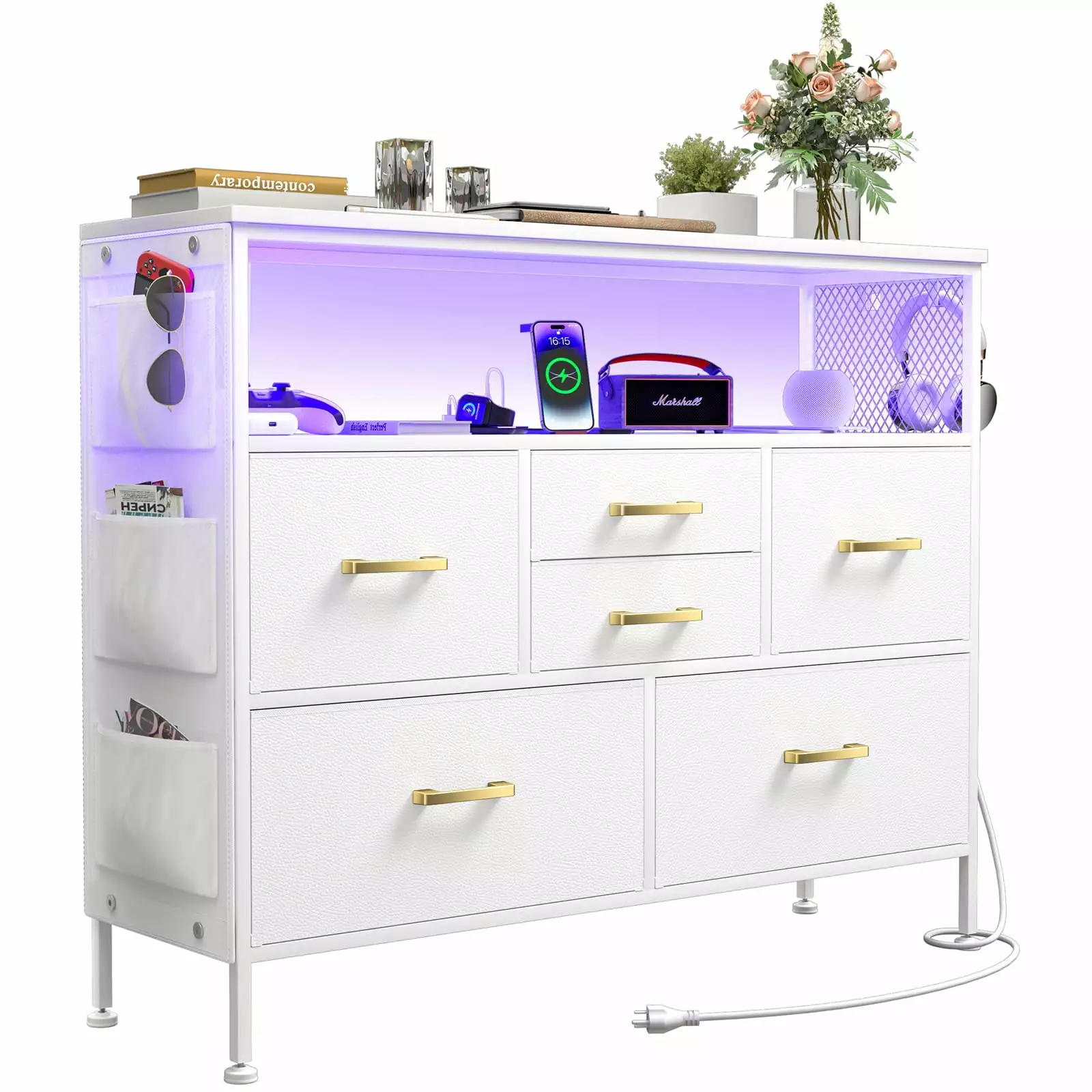 6 Drawer Leather Chest 2m US Socket and Lamp Belt 100x30x81cm Storage Furniture YILQQPER